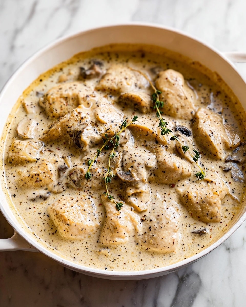 Large white bowl filled with hearty creamy chicken and dumplings stew, generously packed with tender whole dumplings, chunks of chicken, sliced carrots, celery, and peas, all coated in a rich, herb-infused thick sauce, topped with a sprinkle of fresh green parsley, accompanied by several slices of crusty baguette on a white marble surface, natural lighting emphasizing the warm texture, professionally styled hero shot photo taken with an iphone --ar 4:5 --v 7