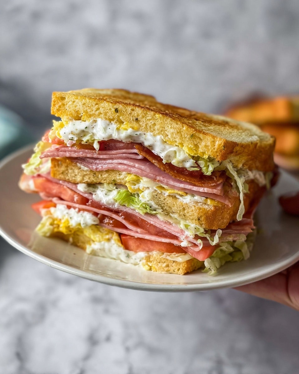 Long white plate with a whole large hoagie sandwich filled with layers of sliced deli meats, melted cheese, fresh tomato slices, generous creamy coleslaw overflowing with herbs, all inside a golden toasted garlic herb ciabatta roll, whole sandwich presented at a 3/4 angle on a white marble surface with natural lighting, professional food magazine hero shot photo taken with an iphone --ar 4:5 --v 7