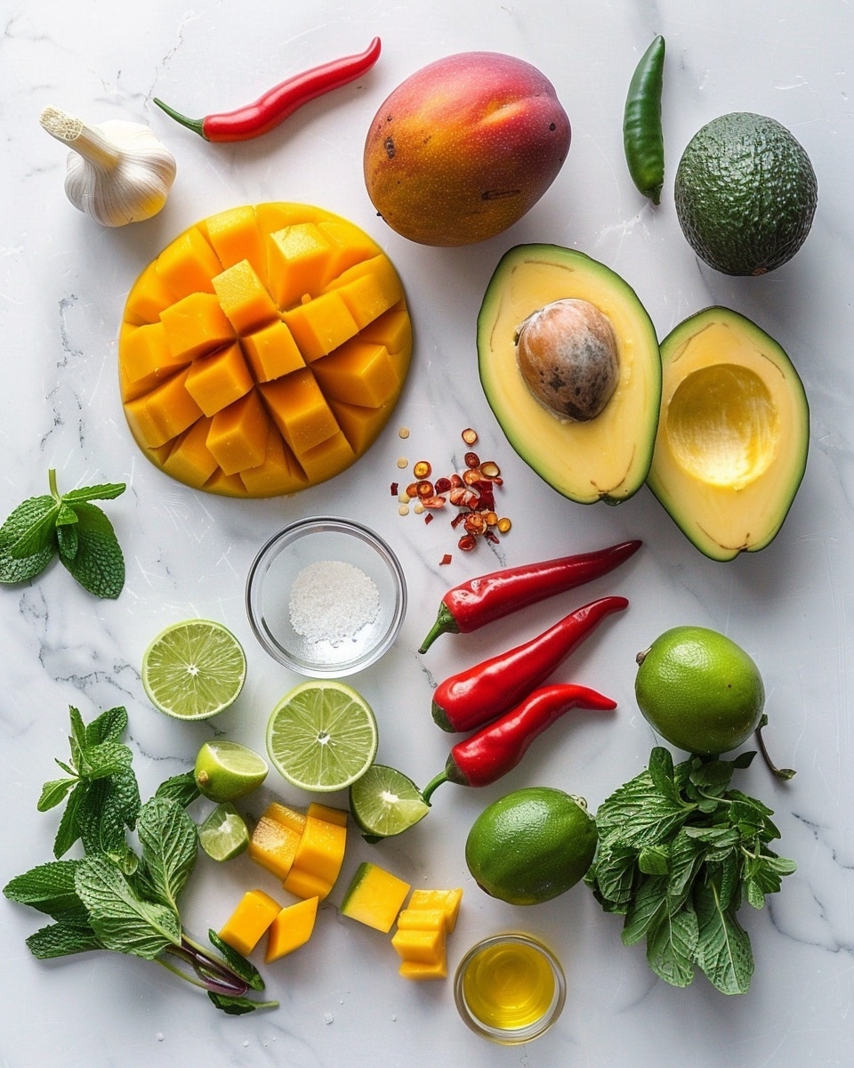 Single white bowl with a fresh vibrant serving of mango and avocado salad featuring bright yellow mango cubes, creamy light green avocado chunks, crisp leafy spinach, thin slices of red onion, and diced red bell pepper, close-up angled view highlighting the mixture of textures and colors, garnished with fresh herbs, placed on a white marble background, natural lighting enhancing the freshness, intimate plated serving photo taken with an iphone --ar 4:5 --v 7