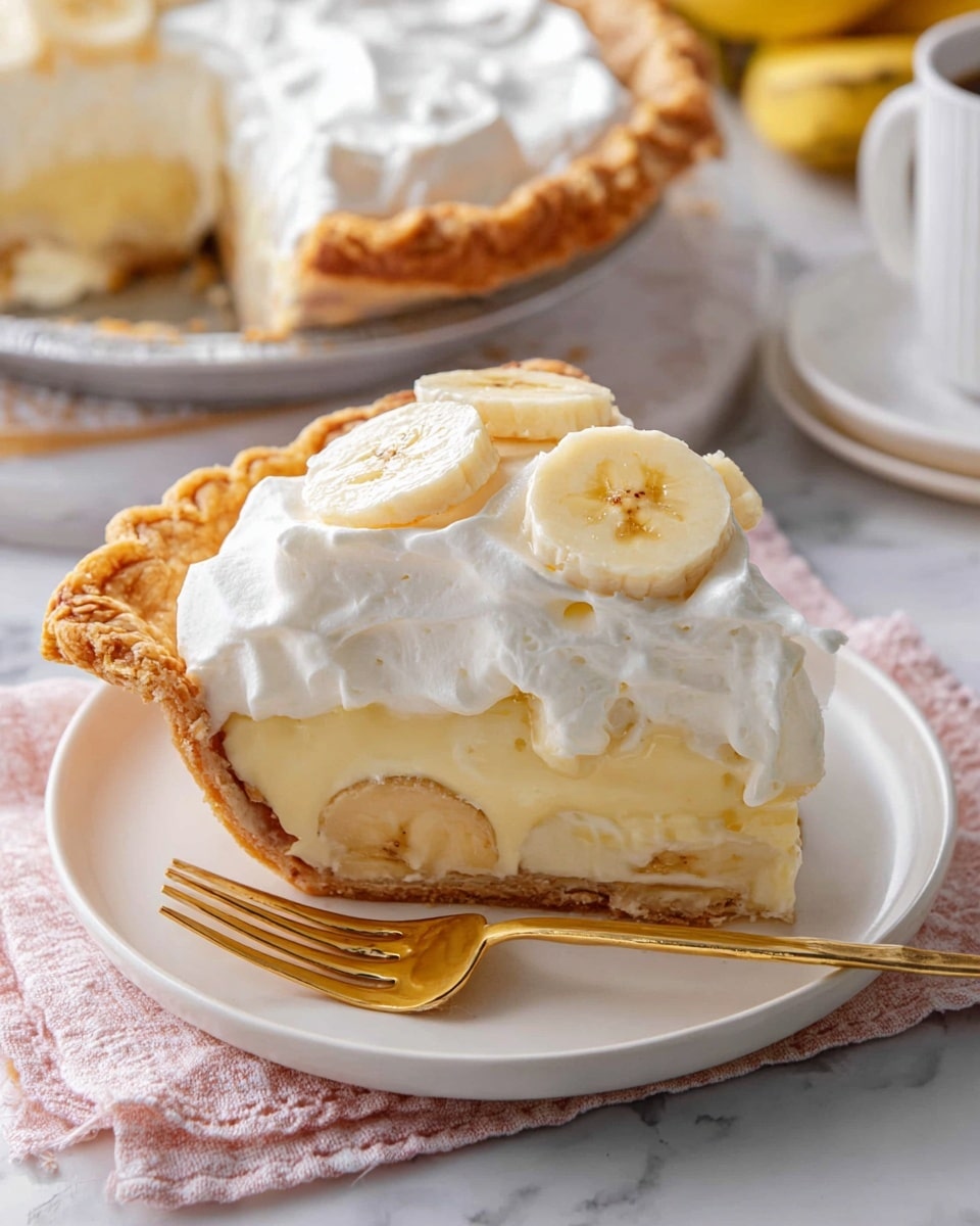 Whole banana cream pie presented in a white pie dish, featuring a golden, flaky crust filled with creamy banana custard, topped with smooth, fluffy whipped cream and garnished with evenly spaced fresh banana slices, photographed from a 3/4 angle on a white marble background with natural lighting, styled like a hero shot from a food magazine, photo taken with an iphone --ar 4:5 --v 7