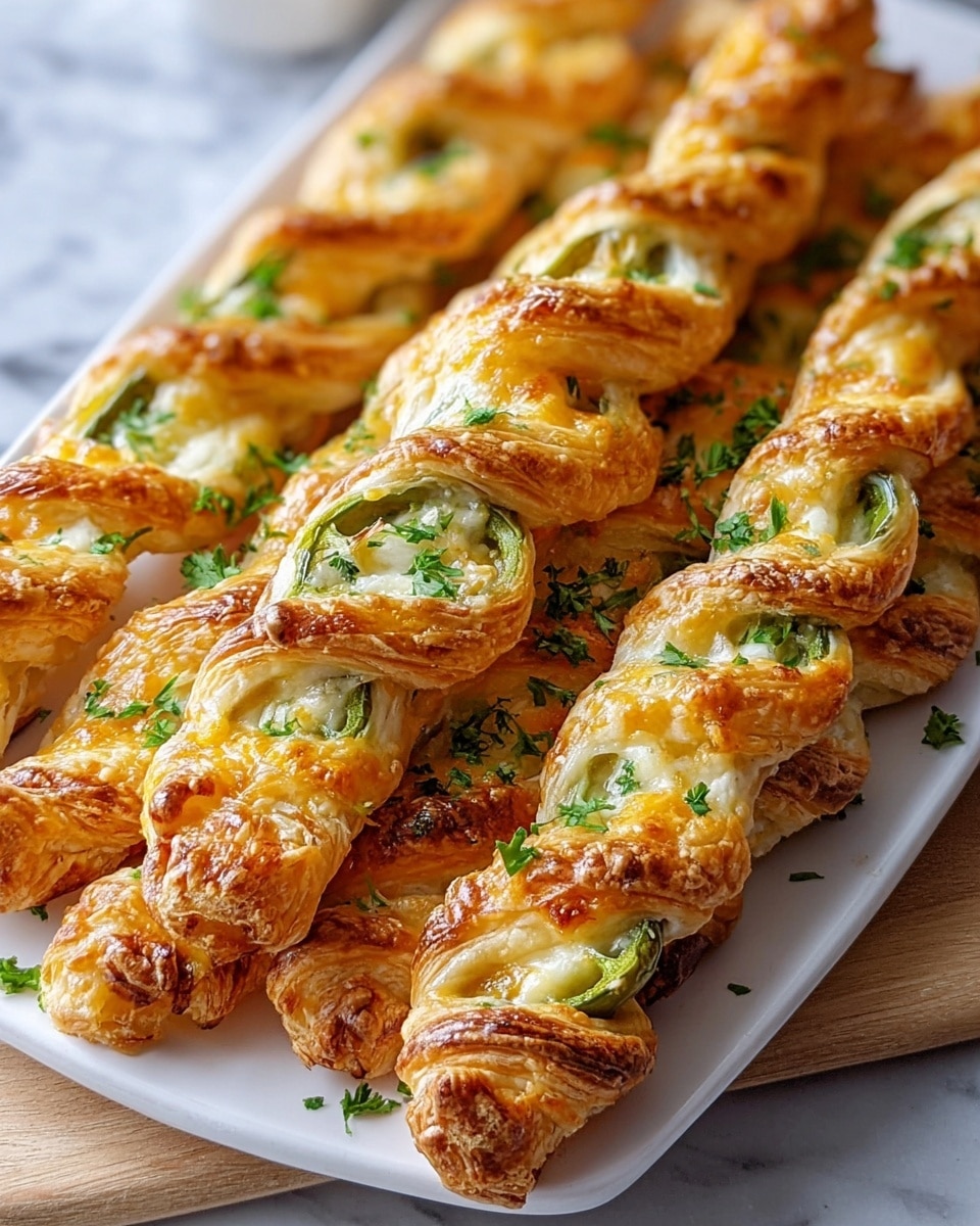 A large white rectangular platter showcasing a full batch of golden-brown puff pastry jalapeño cream cheese twists, each perfectly flaky and layered with melted cheese and fresh green jalapeño slices, garnished generously with chopped fresh parsley, arranged neatly side by side to display the entire dish, shot from a 3/4 angle on a white marble countertop with natural lighting, styled like a professional food magazine hero shot, photo taken with an iphone --ar 4:5 --v 7