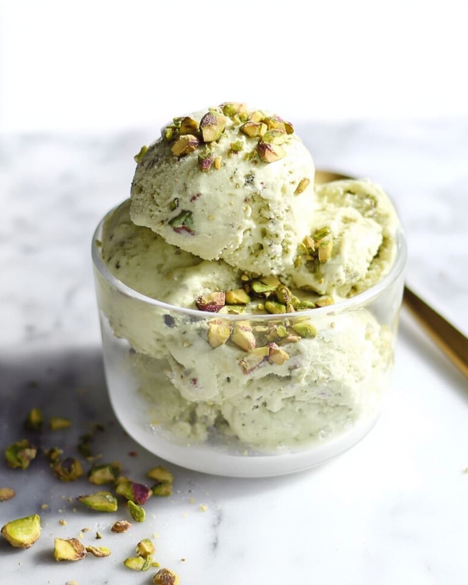 Rectangular white baking pan filled with a whole, smooth pistachio ice cream cake, generously sprinkled with chopped pistachios evenly across the top, presenting a fresh and inviting texture, shot from above on a pristine white marble surface with natural lighting highlighting the creamy dessert, styled professionally for a high-end food magazine, photo taken with an iphone --ar 4:5 --v 7