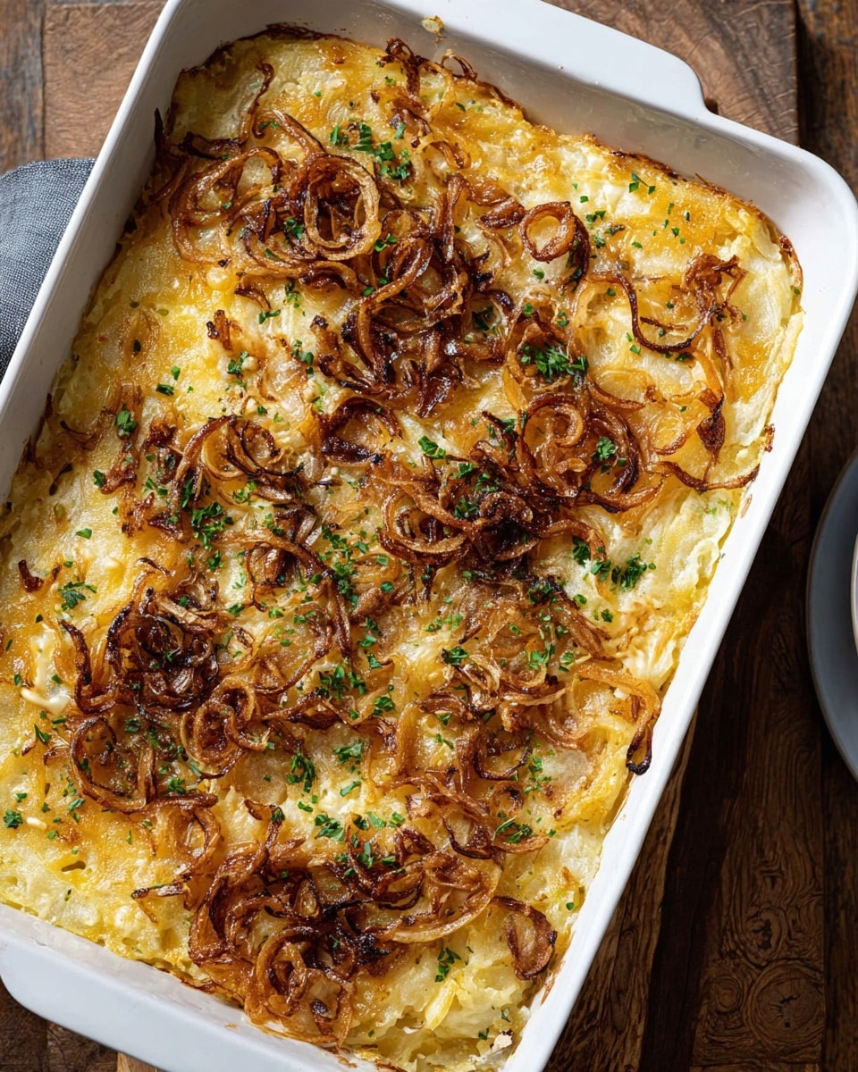 Large white rectangular baking dish filled with a golden, cheesy potato casserole topped generously with crispy, thinly fried caramelized onions and sprinkled with fresh green herbs, whole dish presented on a rustic wooden surface with natural lighting highlighting the textures, professional 3/4 angle food magazine hero shot on white marble background, photo taken with an iphone --ar 4:5 --v 7