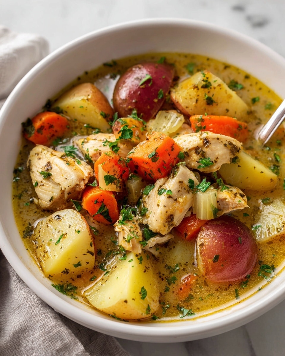 Large white enameled cast iron Dutch oven filled with a hearty chicken stew, showcasing tender chunks of chicken simmered with halved red and yellow baby potatoes, diced carrots, and celery in a rich, golden broth seasoned with herbs and cracked black pepper, garnished with fresh parsley, photographed from a 3/4 angle on a white marble countertop with natural light, professional food magazine hero shot, photo taken with an iphone --ar 4:5 --v 7