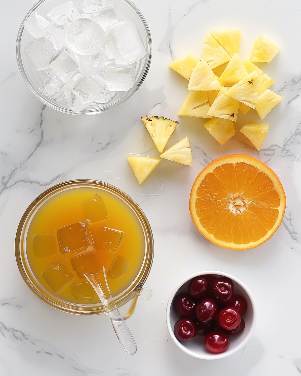 Single white tall glass filled with a refreshing pink and orange gradient cocktail topped with two vibrant red maraschino cherries and ice cubes, close-up angled view highlighting the translucent ice and the layered colors of the drink, set on white marble surface with natural light creating soft reflections, styled for an intimate food blog presentation, photo taken with an iphone --ar 4:5 --v 7