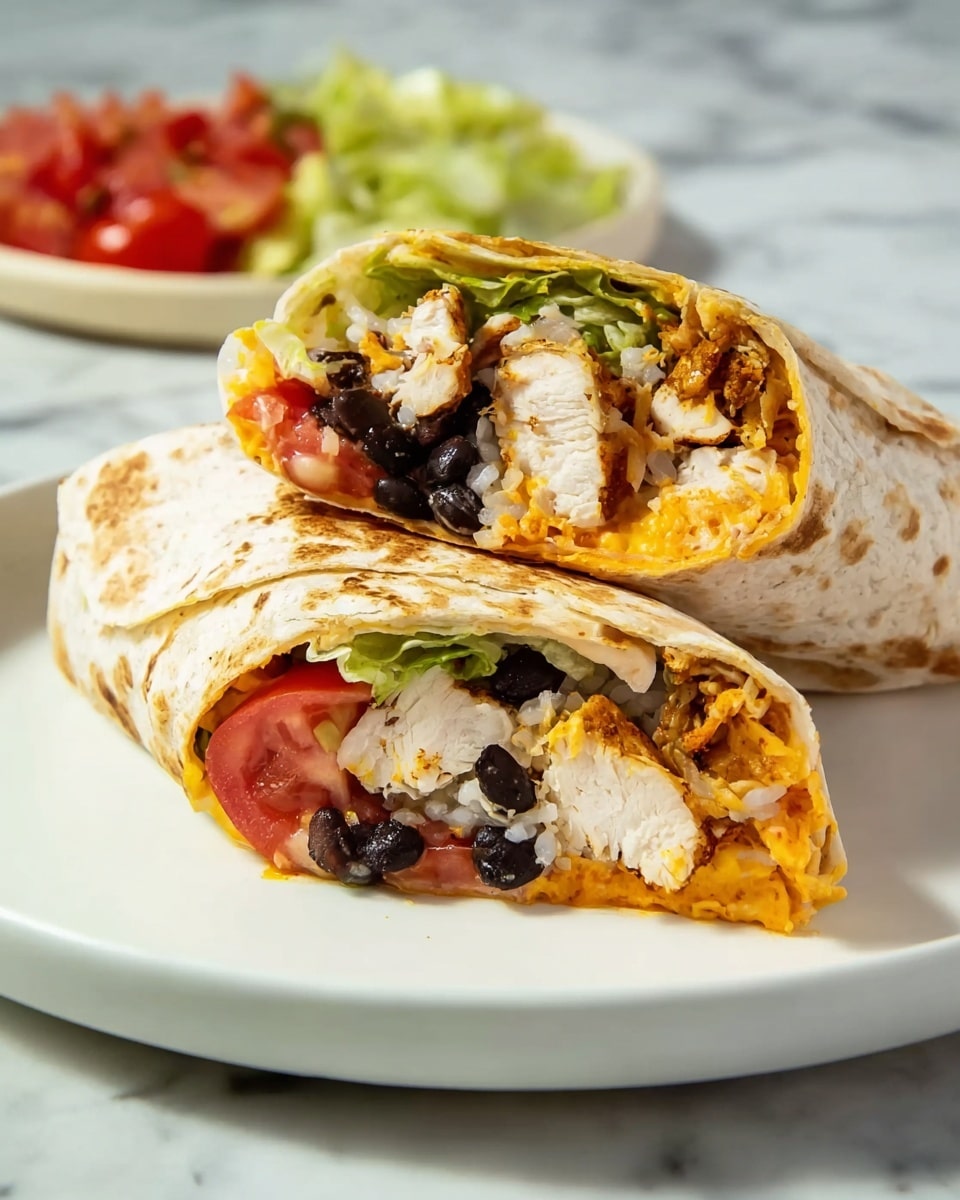 A large white oval platter filled with several whole grilled chicken burritos neatly arranged side by side, each burrito wrapped tightly in a soft, toasted flour tortilla showcasing hints of grilled flour spots, visibly packed with seasoned grilled chicken, rice, black beans, diced tomatoes, and fresh chopped lettuce, the platter set against a white marble background under natural lighting, styled as a professional overhead hero food shot, photo taken with an iphone --ar 4:5 --v 7