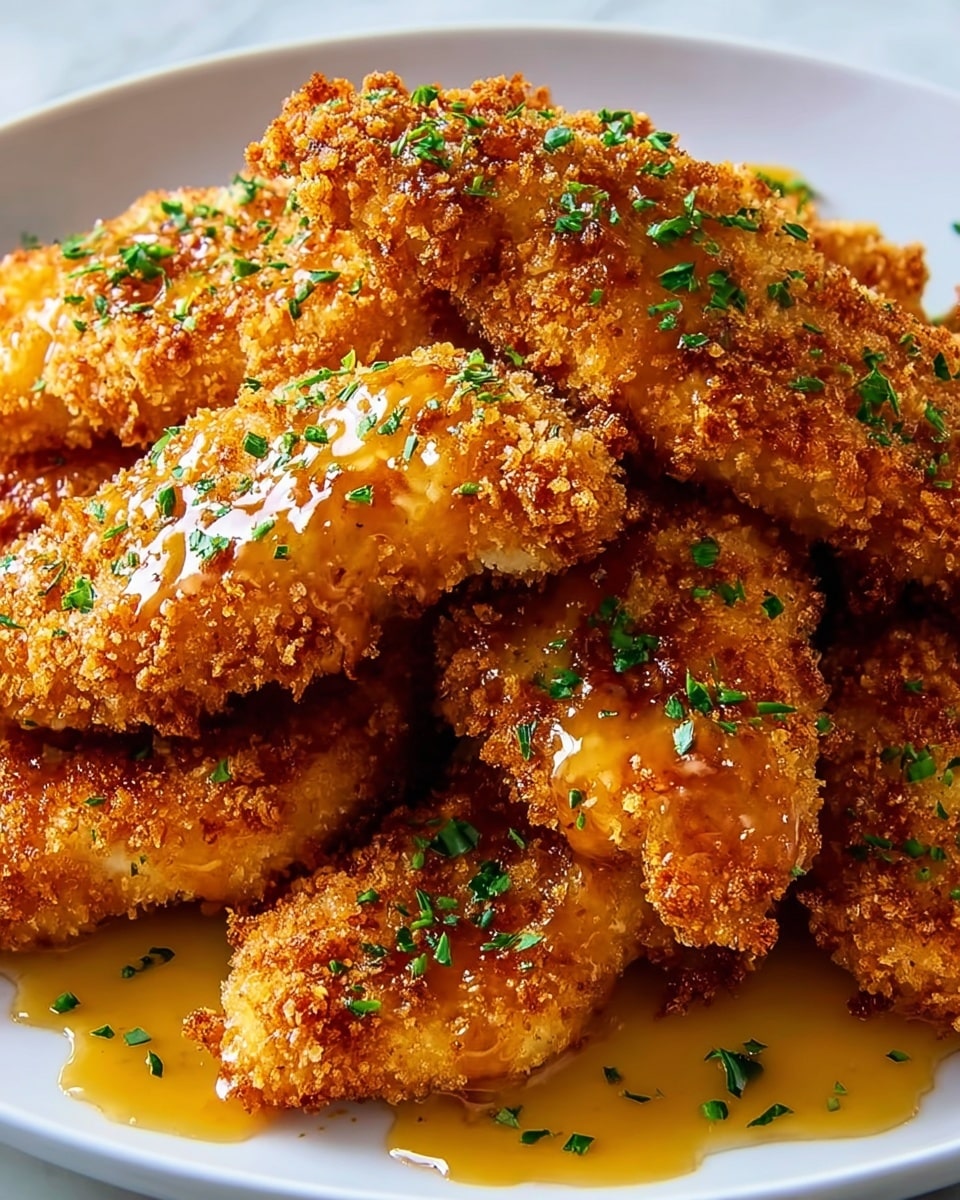 Large white serving platter filled with a generous portion of crispy golden-brown breaded chicken tenders, evenly coated with crunchy seasoned crumbs, drizzled with warm honey glaze that glistens in natural light, garnished with freshly chopped green herbs for a touch of color and freshness, whole dish photographed from a professional 3/4 angle on white marble countertop, styled like a hero shot from a food magazine, photo taken with an iphone --ar 4:5 --v 7