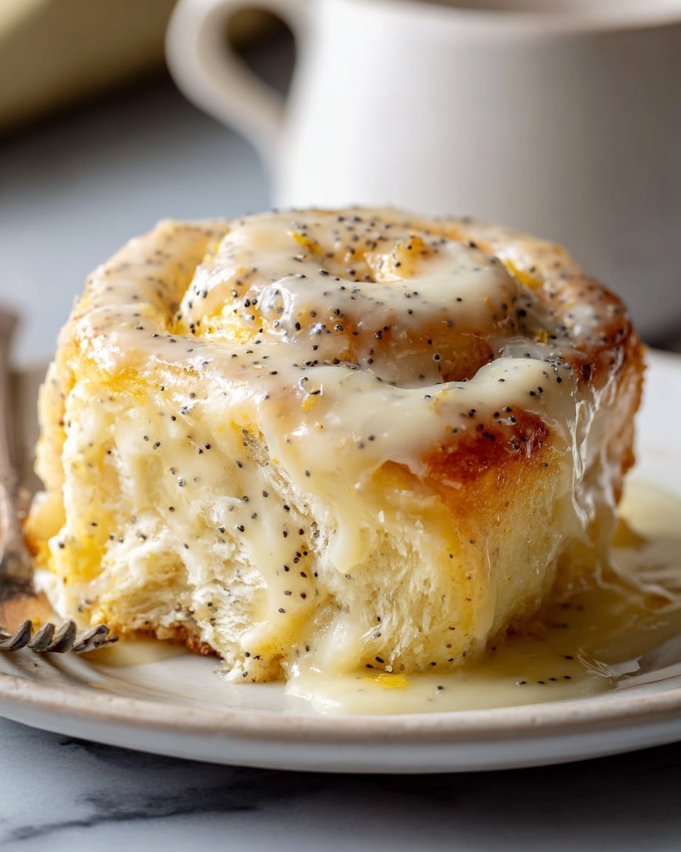 Large white rectangular baking dish filled with whole freshly baked lemon poppy seed rolls, each roll perfectly golden brown and swirled with visible poppy seeds, generously coated with glossy, smooth lemon glaze dripping slightly around the rolls, capturing the cozy aroma and inviting texture, professional 3/4 angle shot on a white marble countertop with natural lighting, like a hero food magazine cover photo taken with an iphone --ar 4:5 --v 7