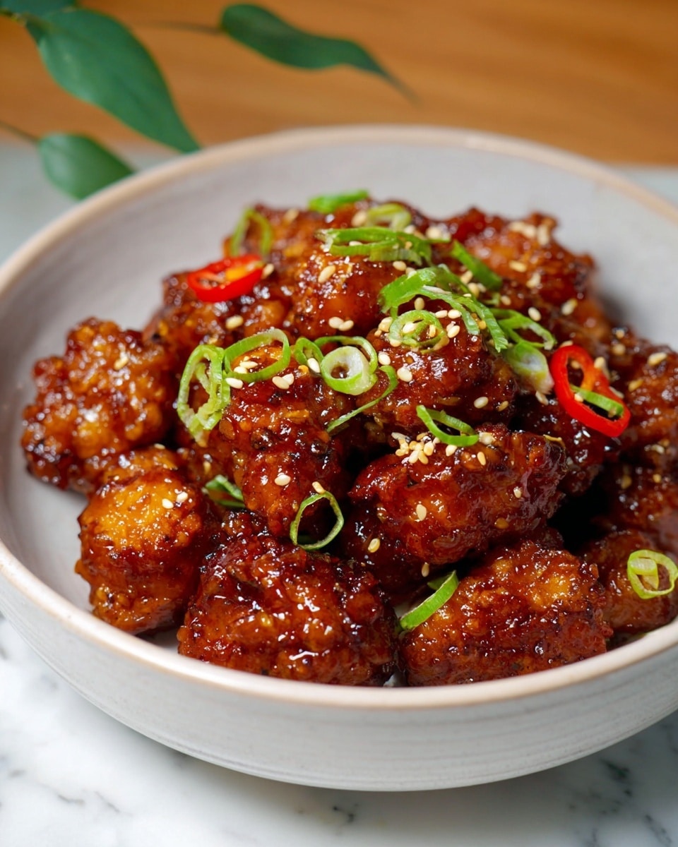 Large white oval baking dish filled entirely with crispy, golden-brown Korean fried chicken pieces evenly coated in a glossy, rich red spicy-sweet sauce, sprinkled with white sesame seeds, showcasing the complete uncut batch of crispy chicken, professional 3/4 angle shot capturing the entirety of the dish, placed on a white marble countertop with natural light highlighting the texture and shine, styled like a hero food magazine photo taken with an iphone --ar 4:5 --v 7
