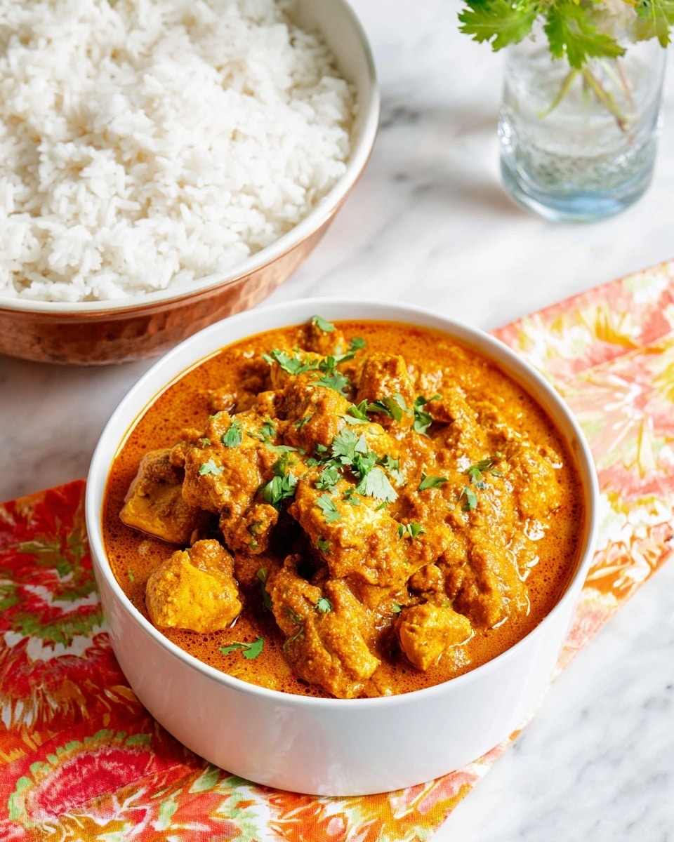 Large white bowl filled with rich, creamy chicken curry featuring tender golden-brown chunks of chicken immersed in a spiced tomato and cream sauce, next to a separate large white bowl overflowing with fluffy, perfectly cooked white rice, both arranged together on a white marble countertop with natural lighting highlighting the vibrant colors and textures, garnished with fresh cilantro, styled like a hero shot from a food magazine, photo taken with an iphone --ar 4:5 --v 7
