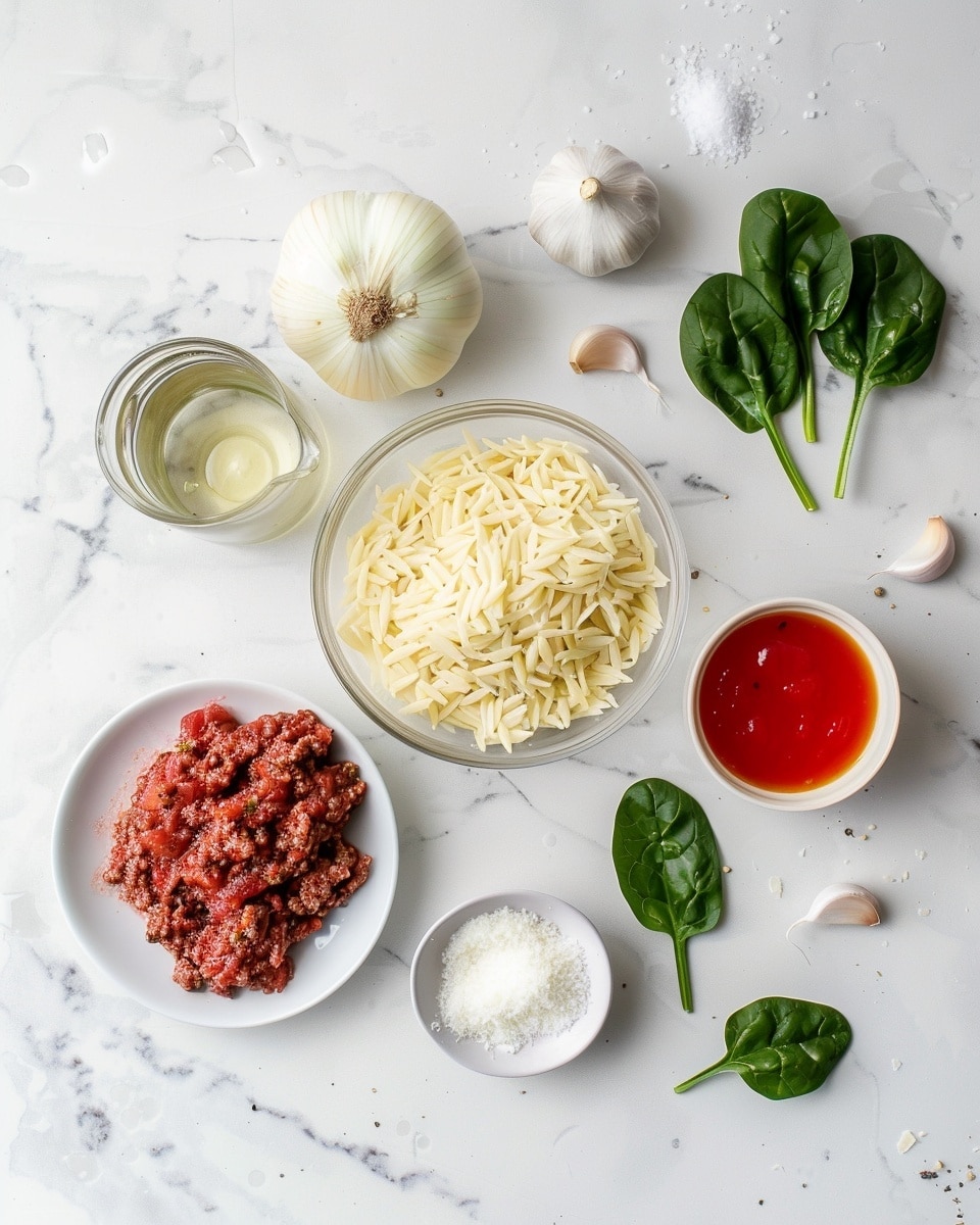 Single white bowl containing a close-up of a single serving of orzo pasta mixed with ground beef, diced tomatoes, and fresh herbs, topped with a generous sprinkle of shredded Parmesan cheese, showcasing the tender meat and tender pasta pieces glistening with sauce, vibrant red tomato chunks, finely chopped parsley adding a fresh green contrast, all placed on a white marble surface under natural lighting, intimate plated serving photo taken with an iphone --ar 4:5 --v 7