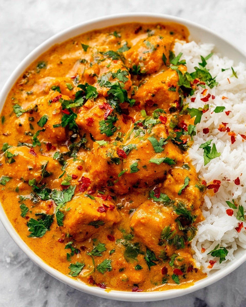 Large white serving bowl filled with rich, creamy chicken curry featuring tender chunks of chicken simmered in a vibrant orange sauce with visible spices, fresh spinach leaves, and chopped cilantro, alongside a generous portion of fluffy white rice garnished with finely chopped herbs, whole dish photographed at a 3/4 angle on a white marble countertop, natural lighting, professional food styling photo taken with an iphone --ar 4:5 --v 7