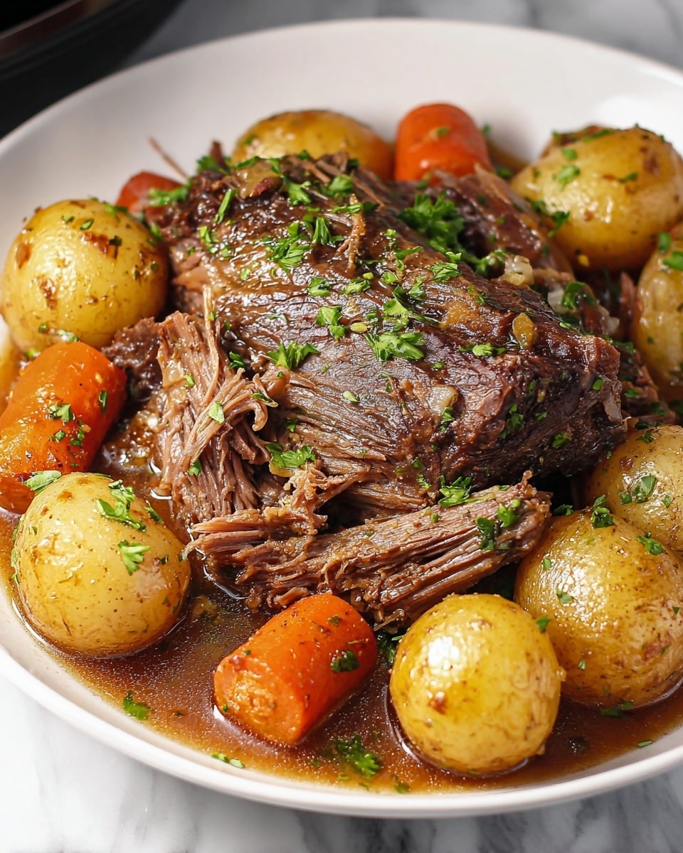 Large white slow cooker filled with a whole pot roast surrounded by whole baby potatoes, thick carrot chunks, and sliced onions, all simmering in rich brown gravy, garnished with fresh parsley, photographed from a 3/4 angle on a white marble countertop, professional food magazine hero shot, natural lighting, photo taken with an iphone --ar 4:5 --v 7