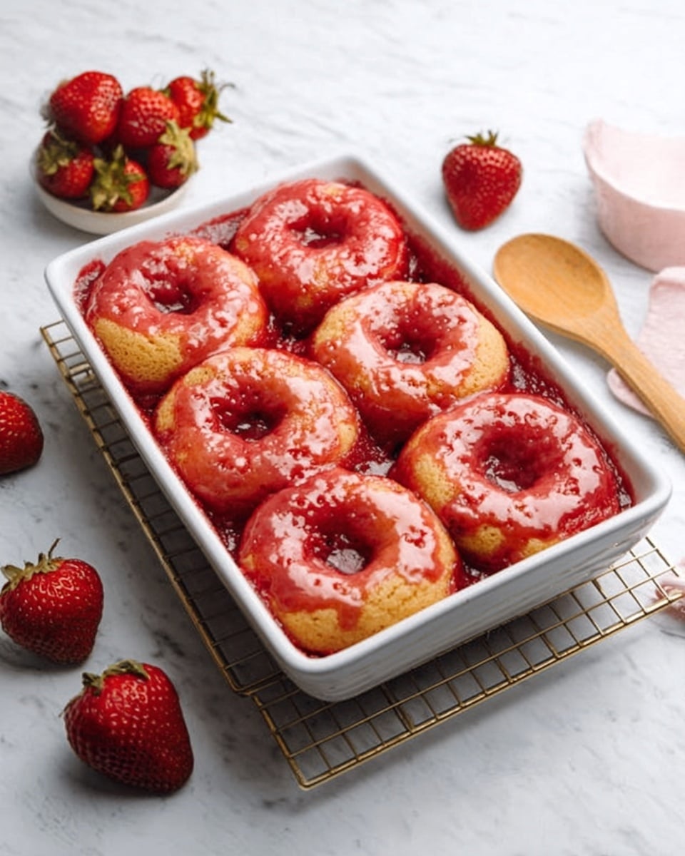 A white rectangular ceramic baking dish filled with a freshly baked strawberry cobbler, featuring a golden, bubbly crust with visible whole strawberries peeking through the rich, luscious red filling. The vibrant dish is placed on a white marble surface, accompanied by fresh strawberries and a wooden spoon, captured from a professional 3/4 angle with natural lighting, showcasing the entire uncut, whole dessert. Photo taken with an iphone --ar 4:5 --v 7