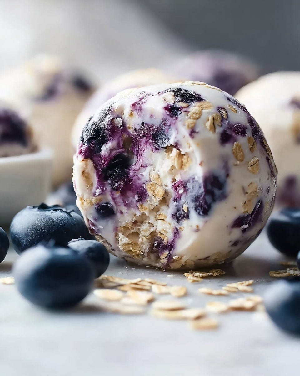 Large white serving plate filled with multiple frozen blueberry yogurt energy balls, each round ball studded with whole blueberries and oats, fresh blueberries scattered around the plate, photographed from a 3/4 angle on a white marble countertop, natural lighting, professional food styling photo taken with an iphone --ar 4:5 --v 7
