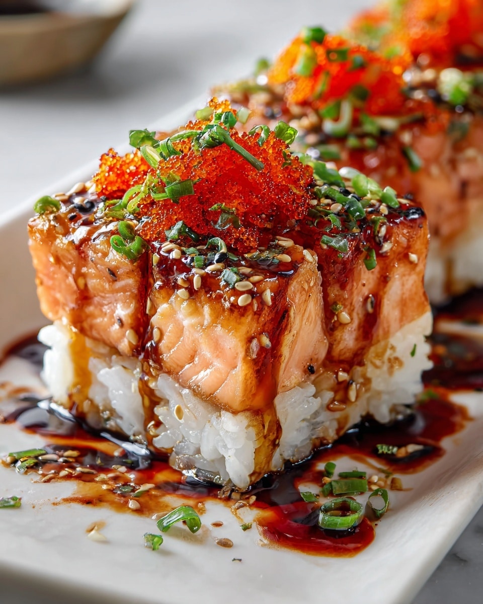 Rectangular white serving platter filled with a full set of sushi squares, each piece featuring thick cuts of seared salmon layered over compact sushi rice, generously topped with vibrant orange fish roe, finely chopped green onions, toasted sesame seeds, and drizzles of a dark savory glaze, the entire dish styled impeccably with fresh garnishes and a small white bowl of soy sauce on the side, captured from a 3/4 angle on a white marble surface with natural lighting, professional food magazine hero shot photo taken with an iphone --ar 4:5 --v 7