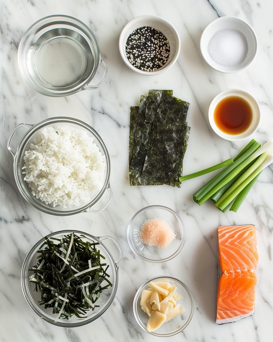 Single white square plate holding one generously sized sushi cube piece with distinct layers of glossy cooked salmon on top and sticky white rice underneath, topped with vibrant orange fish roe, finely chopped green scallions, and toasted sesame seeds, glossy dark eel sauce drizzling down the sides, close-up angle emphasizing the tender salmon texture and moist rice grains, shot on white marble background with natural lighting, styled like a food blog photo, photo taken with an iphone --ar 4:5 --v 7