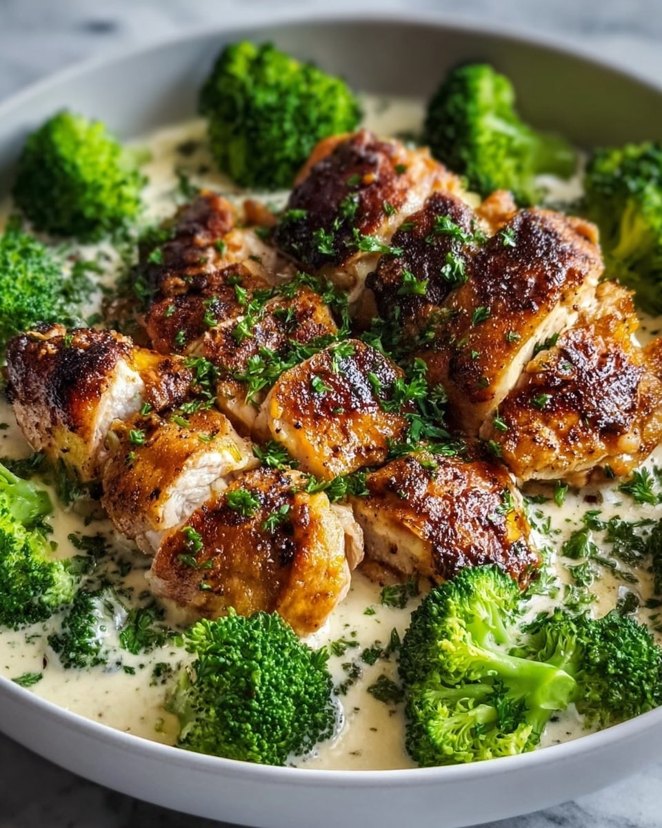 A large white bowl filled with a generous serving of grilled chicken tenders artfully arranged atop a bed of vibrant roasted broccoli florets, all drizzled evenly with creamy garlic sauce, showcasing the full dish with juicy, golden-brown chicken and crisp, green vegetables. The scene is captured from a slightly elevated 3/4 angle, set against a pristine white marble background with natural lighting to highlight the textures and colors vividly, styled like a hero shot from a food magazine. Photo taken with an iphone --ar 4:5 --v 7