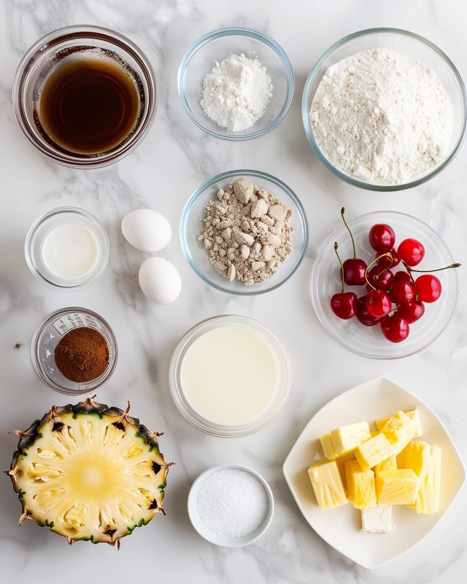 Single white plate with one slice of pineapple upside-down cake, angled close-up showing the moist layers of tender cake soaked in caramelized brown sugar glaze, topped with a glossy pineapple ring and bright red maraschino cherry, the cross-section revealing soft, fluffy interior with the buttery glaze seeping through, natural lighting highlighting the glossy texture on a white marble background, styled like an inviting food blog serving, photo taken with an iphone --ar 4:5 --v 7