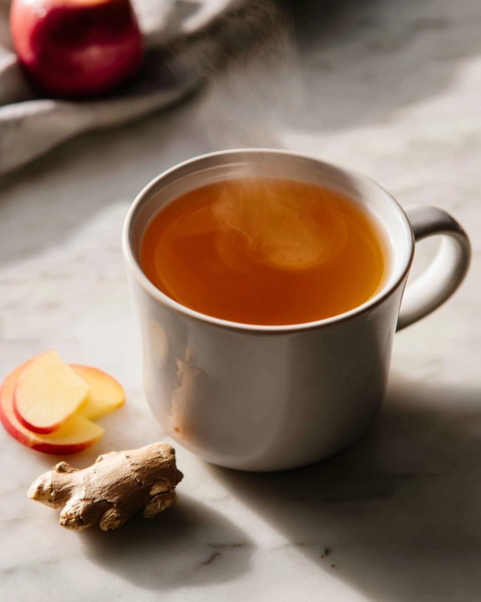 Large white ceramic mug filled with steaming hot ginger and apple tea, surrounded by fresh whole red and green apples and plump ginger roots arranged neatly on a white marble countertop, shot from a 3/4 angle capturing the warm amber color of the tea and natural lighting highlighting the textures, professional food styling photo taken with an iphone --ar 4:5 --v 7