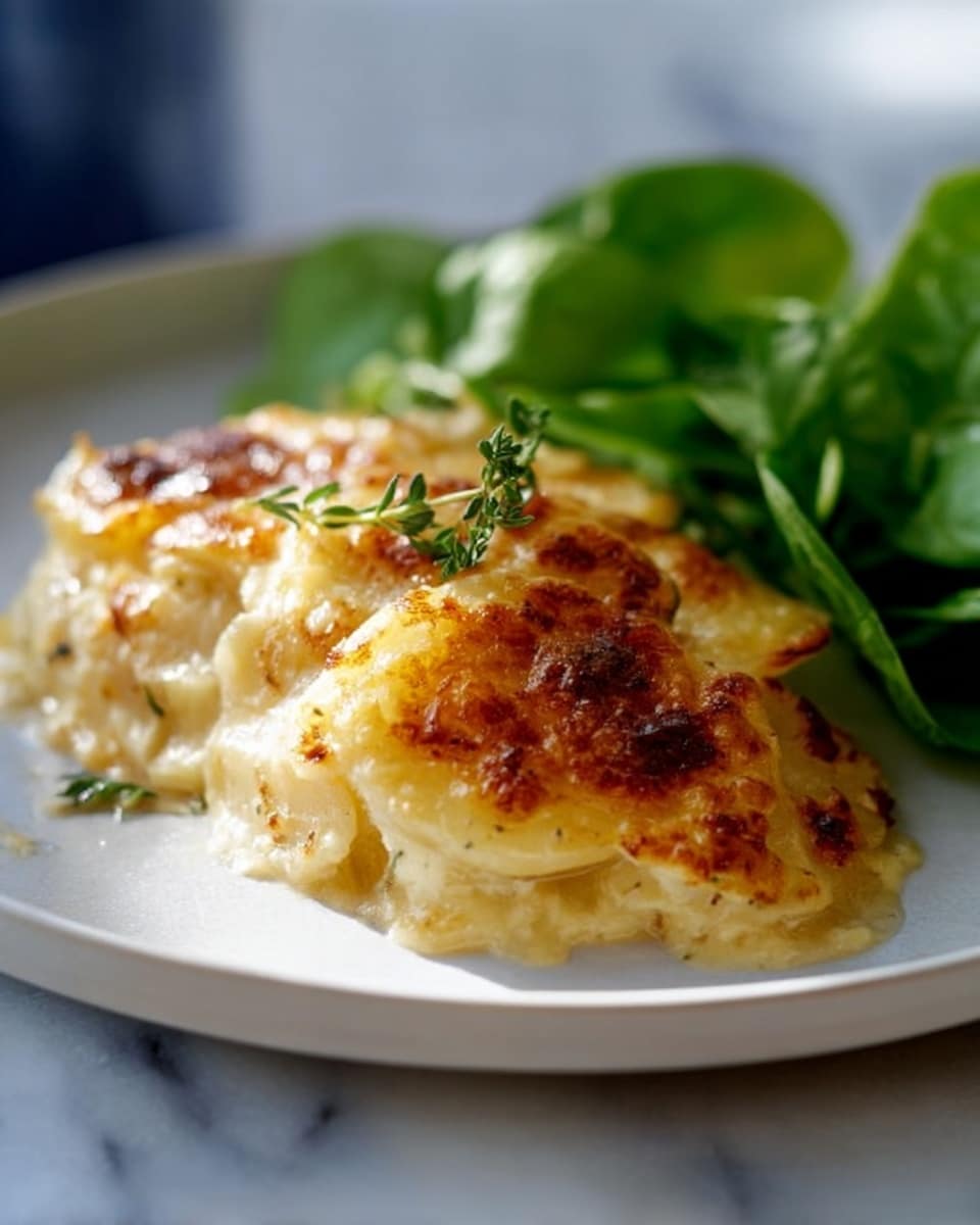 Round white ceramic baking dish filled with a whole golden-browned potato gratin, topped with a bubbly, slightly crisp cheese crust and garnished with fresh thyme sprigs in the center. The entire dish is perfectly cooked with rich, creamy layers visible beneath the browned cheese, sitting on a white marble countertop, photographed from overhead with natural lighting, styled like a professional food magazine hero shot, photo taken with an iphone --ar 4:5 --v 7
