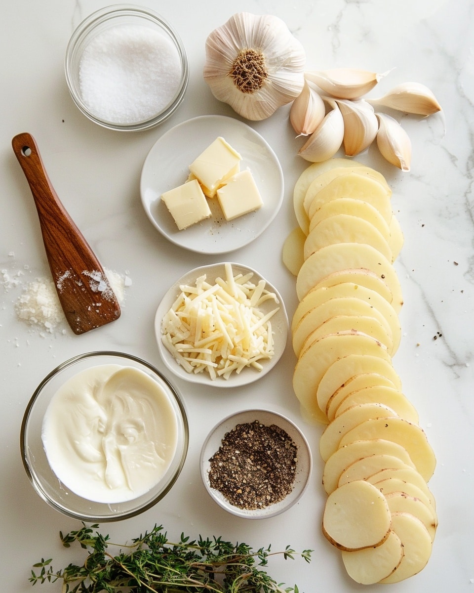 Single white plate with a neatly plated portion of creamy scalloped potatoes, showcasing tender, thinly sliced layers coated in a rich, golden cheese sauce with a slightly browned, bubbly top, garnished with a sprig of fresh thyme. The angled close-up reveals the distinct textures of the soft potato slices melded with the smooth creamy sauce, accompanied by a small pile of fresh green spinach leaves on the side, set on a white marble surface with natural light highlighting the dish’s comforting appeal, intimate plated serving photo taken with an iphone --ar 4:5 --v 7