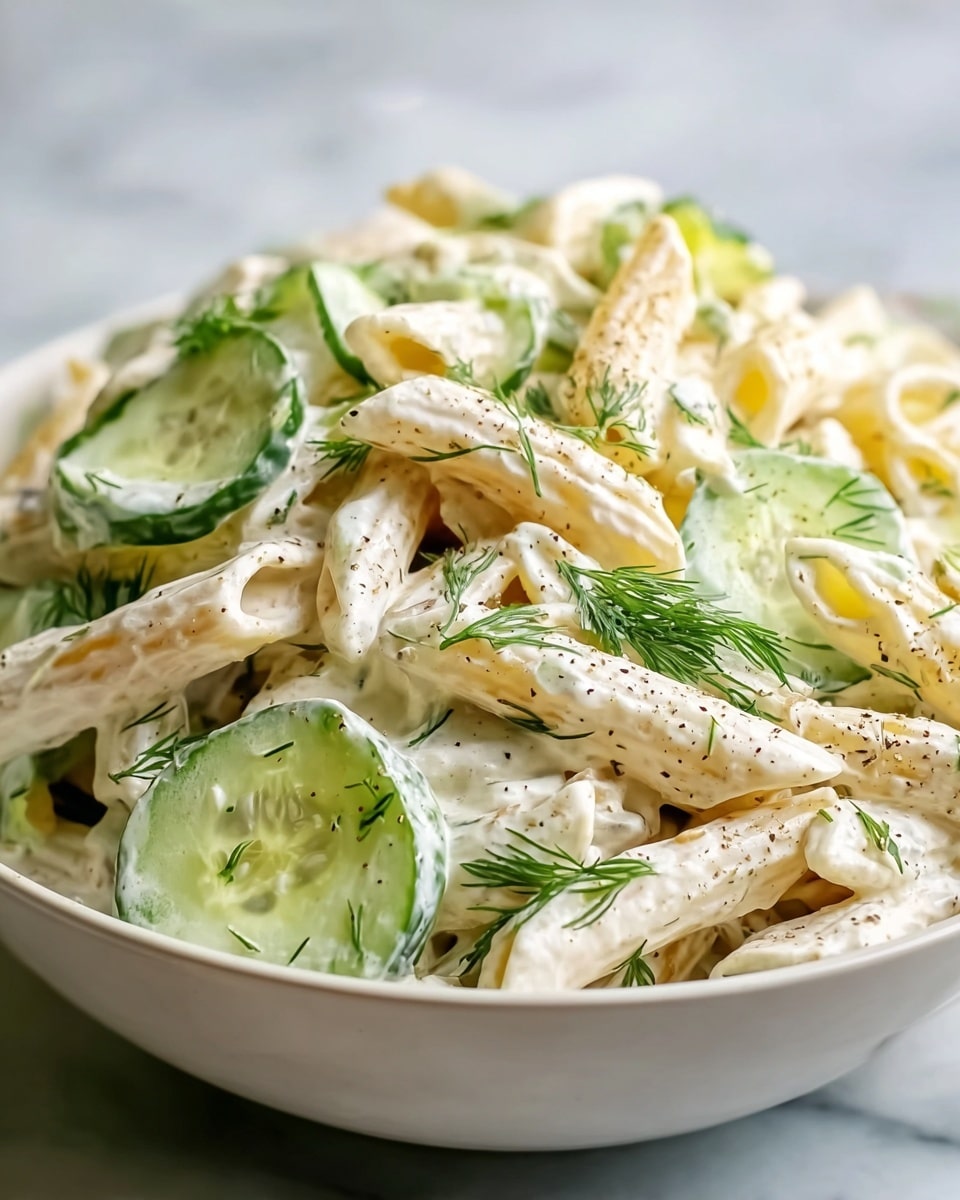 Large white bowl filled with creamy pasta salad, showcasing an abundant mix of penne pasta and thinly sliced cucumbers coated in a rich, white dressing, garnished with fresh dill sprigs and a light sprinkle of cracked black pepper, whole dish elegantly presented and photographed from a close-up 3/4 angle on a white marble countertop, natural lighting capturing the freshness and texture, professional food magazine hero shot photo taken with an iphone --ar 4:5 --v 7