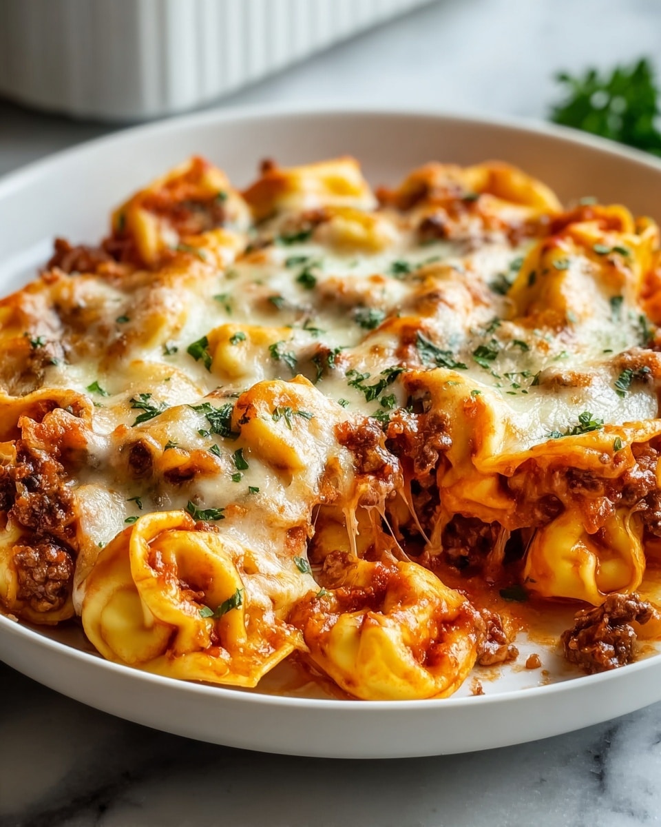 Large white ceramic baking dish filled with a fully baked tortellini casserole layered with hearty ground meat tomato sauce, topped with melted golden mozzarella cheese and a sprinkle of fresh chopped parsley, entire dish photographed from a 3/4 angle on a white marble countertop with natural lighting, styled like a hero shot from a food magazine, photo taken with an iphone --ar 4:5 --v 7