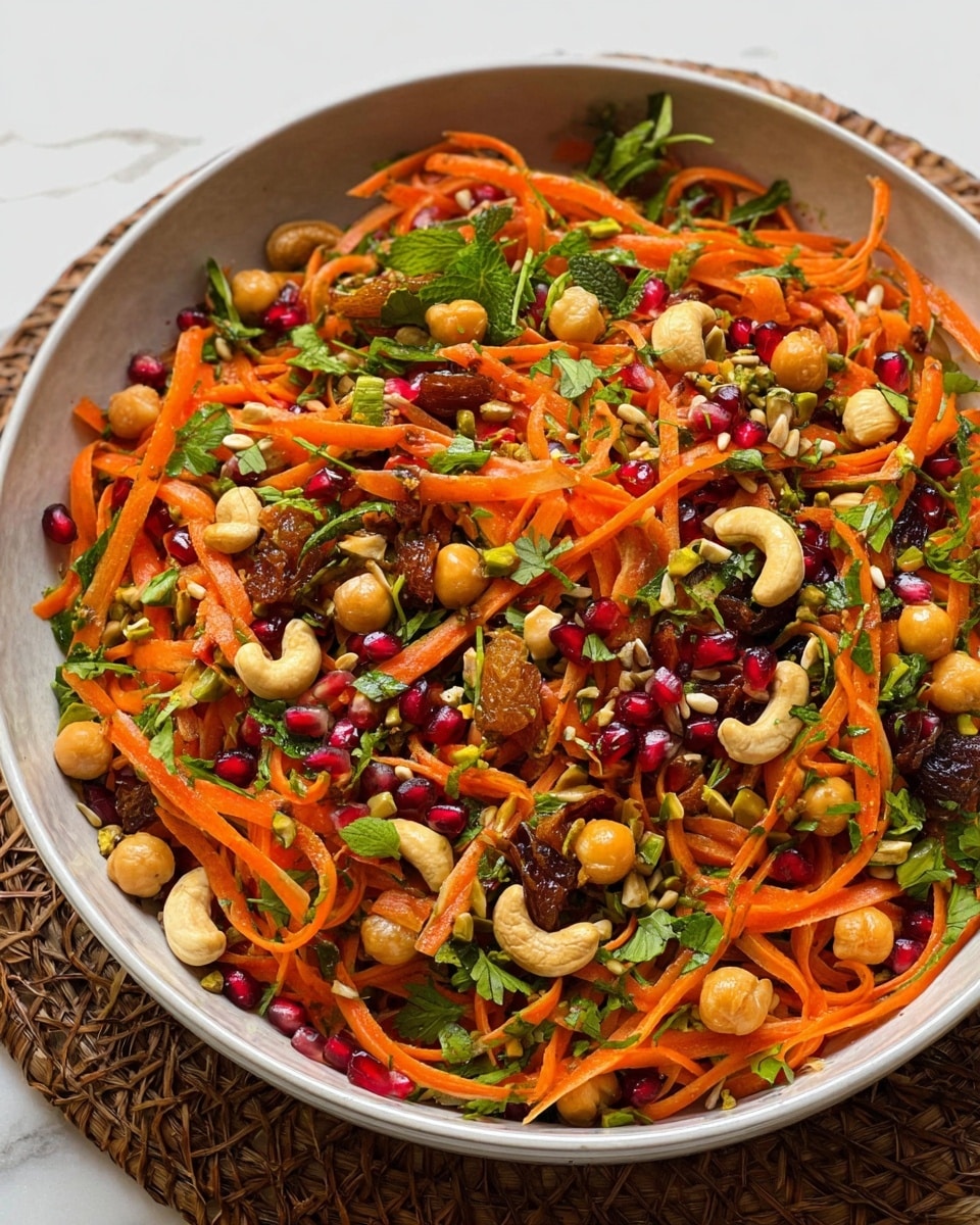Large white bowl filled with a vibrant carrot salad featuring thin julienned carrots, whole cashews, whole chickpeas, pomegranate seeds, golden raisins, chopped fresh parsley and mint, toasted sunflower seeds, and sesame seeds, all tossed together and glistening with a light dressing, bowl set on a white marble countertop with natural lighting, professional food styling in a hero shot, photo taken with an iphone --ar 4:5 --v 7