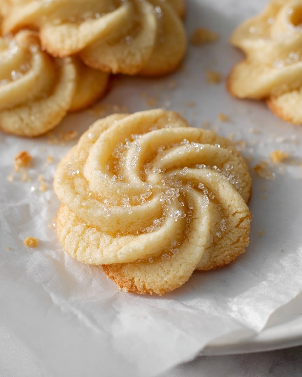 Large white ceramic plate filled with an assortment of Danish butter cookies in various classic shapes, including pretzel, swirl, flower, and round patterns, each cookie topped with a light sprinkle of coarse sugar crystals, arranged neatly to display a full variety, photographed from a professional 3/4 angle on a white marble countertop with natural lighting, styled as a hero shot from a food magazine, photo taken with an iphone --ar 4:5 --v 7