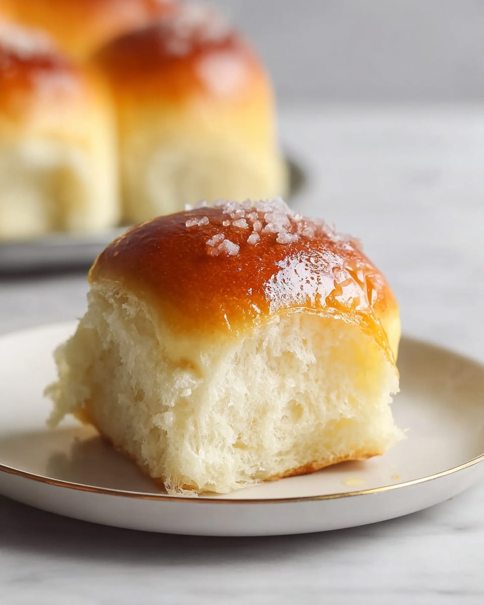 A complete batch of freshly baked golden brown dinner rolls arranged tightly together in a white rectangular baking dish, each roll topped with a glossy finish and sprinkled evenly with flaky sea salt, showcasing their soft, pillowy texture and inviting warmth, presented from a 3/4 angle on a pristine white marble countertop under natural lighting, styled as a professional food magazine hero shot, photo taken with an iphone --ar 4:5 --v 7