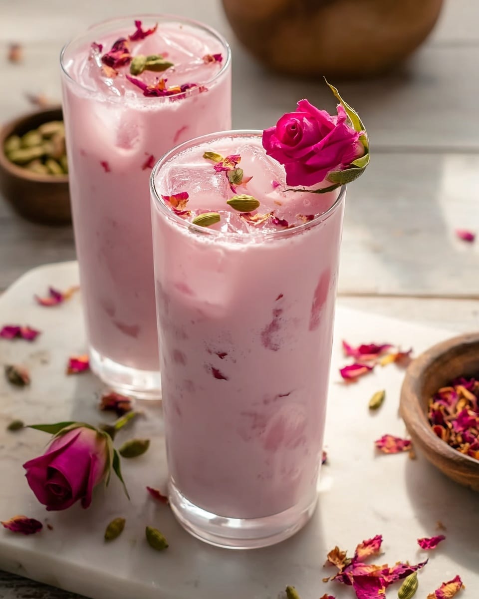 Tall white glasses filled with refreshing rose falooda drink, featuring a light pink hue with visible rose petals and cubes of ice floating on top, each glass garnished with a whole vibrant pink rose bud and cardamom seeds, arranged together on a white marble surface, naturally lit to highlight the creamy texture and aromatic spices, styled as a professional food magazine hero shot, photo taken with an iphone --ar 4:5 --v 7