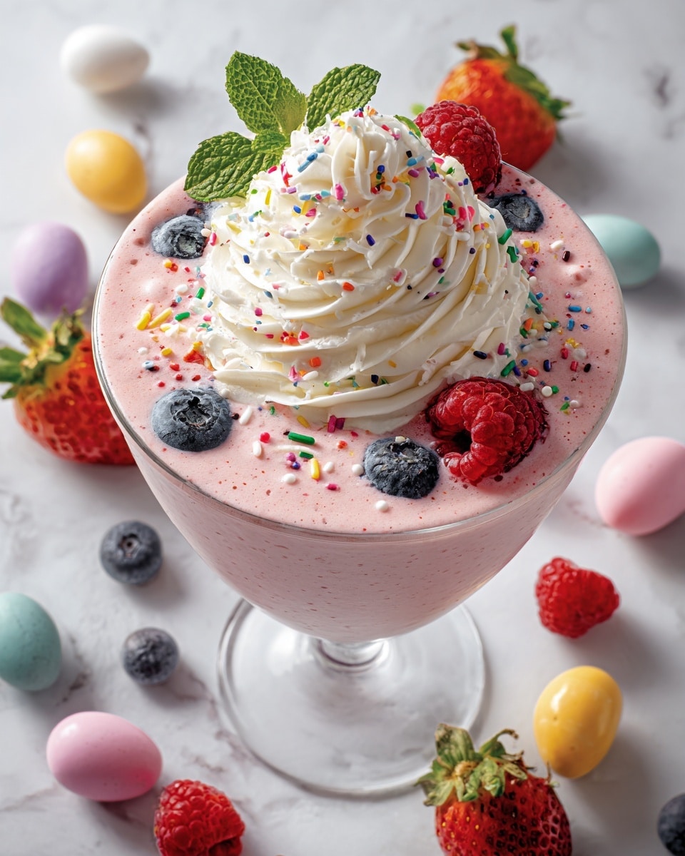 Large white bowl filled with a creamy pink strawberry milkshake topped generously with swirls of whipped cream, fresh raspberries, blueberries, decorative sprinkles, and vibrant mint leaves, multiple portions arranged together on a white marble countertop with scattered fresh strawberries, raspberries, blueberries, and pastel candy eggs, photo captured in natural light from a professional 3/4 angle, hero shot from a food magazine, photo taken with an iphone --ar 4:5 --v 7
