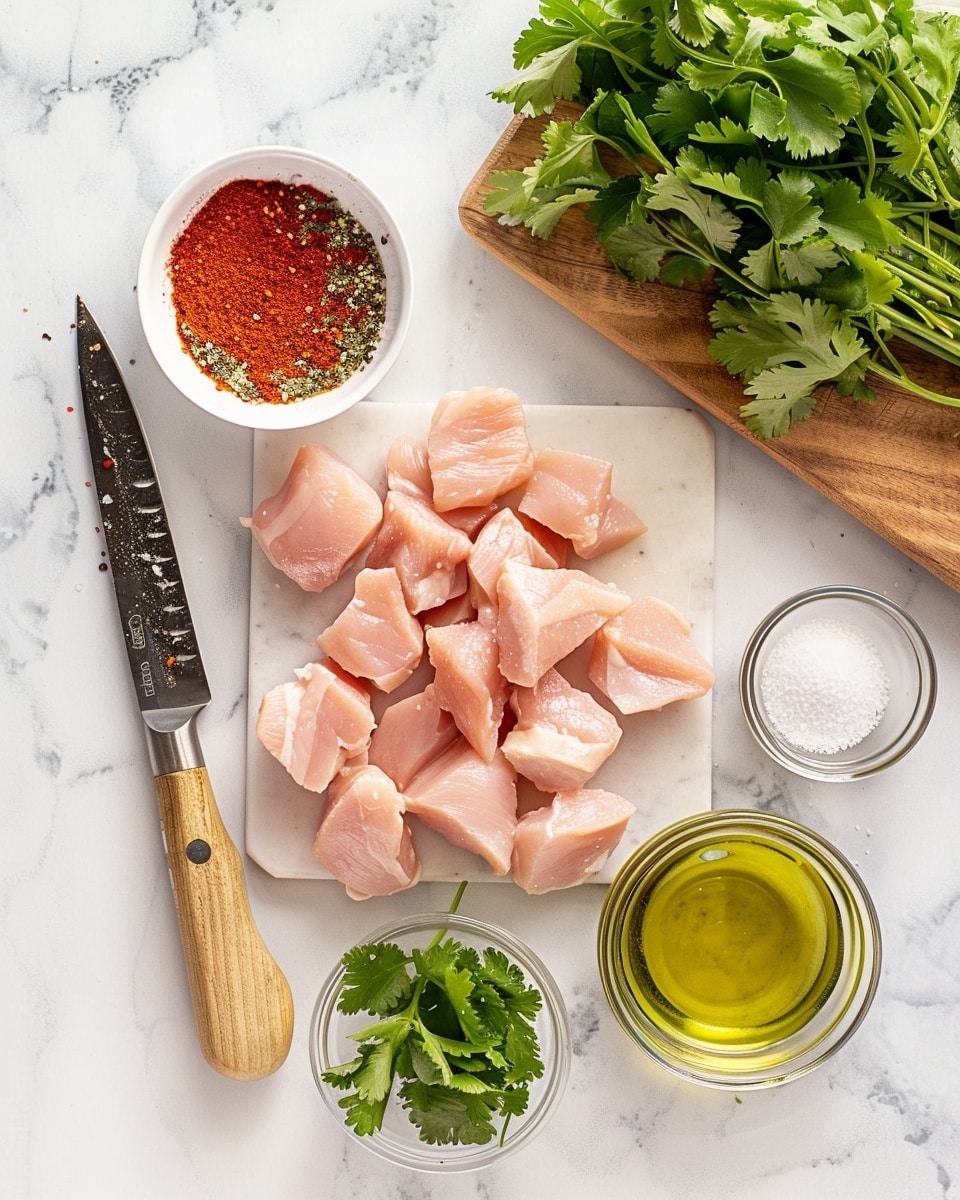 Single white bowl featuring a plated serving of seasoned, grilled chicken bites with a reddish spice coating, accompanied by a generous portion of fluffy brown rice, close-up angle highlighting the texture of the tender, juicy chicken pieces and the individual grains of rice, garnished with fresh cilantro leaves, placed on a white marble surface, natural light enhancing the warm tones, intimate styled food blog presentation photo taken with an iphone --ar 4:5 --v 7