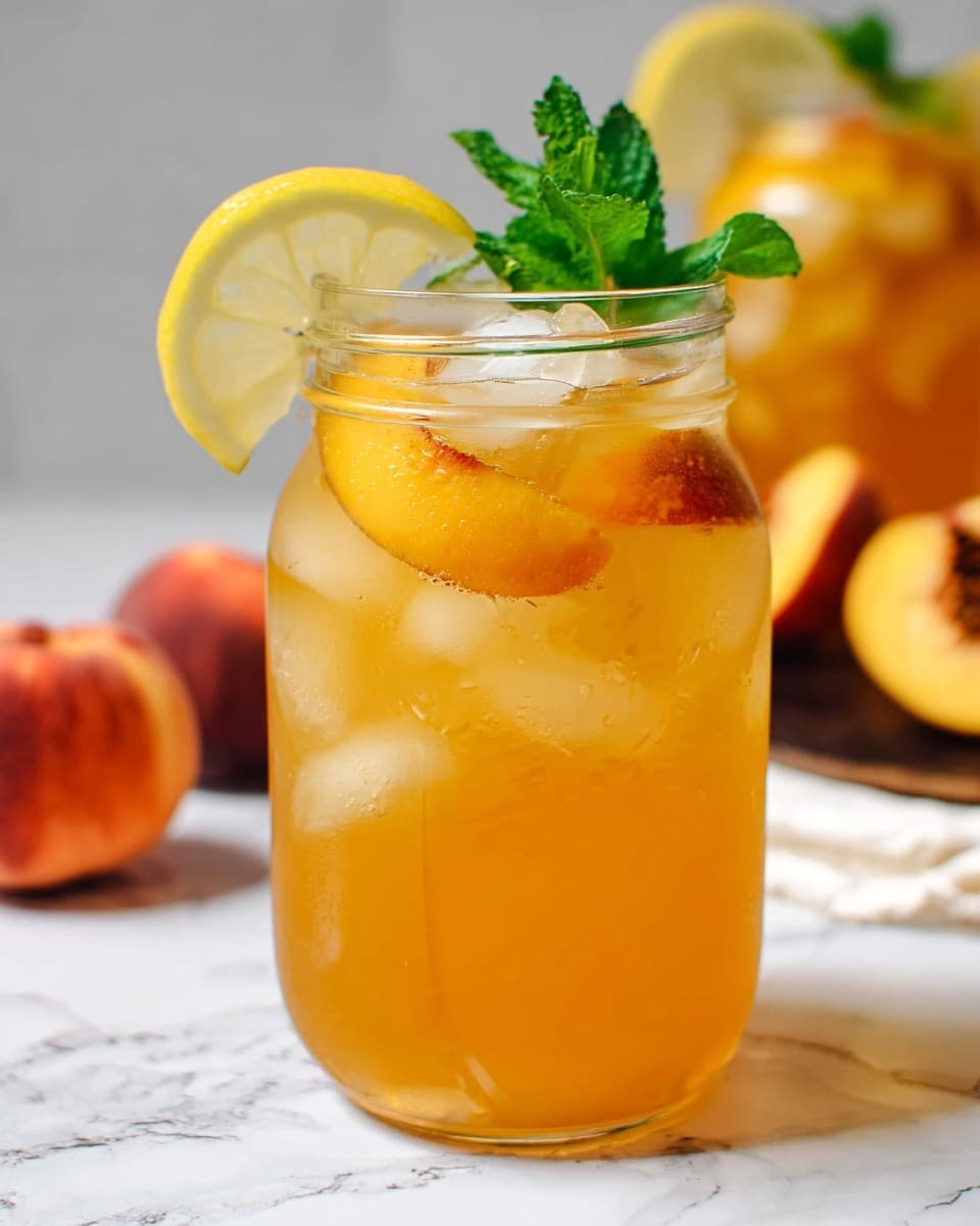 Large white glass pitcher filled with refreshing iced peach lemonade, infused with visible lemon and peach slices floating in the bright golden liquid, surrounded by two matching white mason jars also filled with the lemonade and garnished with lemon wedges and fresh mint sprigs, all placed on a white marble countertop with natural sunlight streaming in, rustic wooden tray holding whole ripe peaches in the background, styled as a vibrant and inviting summer beverage spread, professional food magazine hero shot, photo taken with an iphone --ar 4:5 --v 7