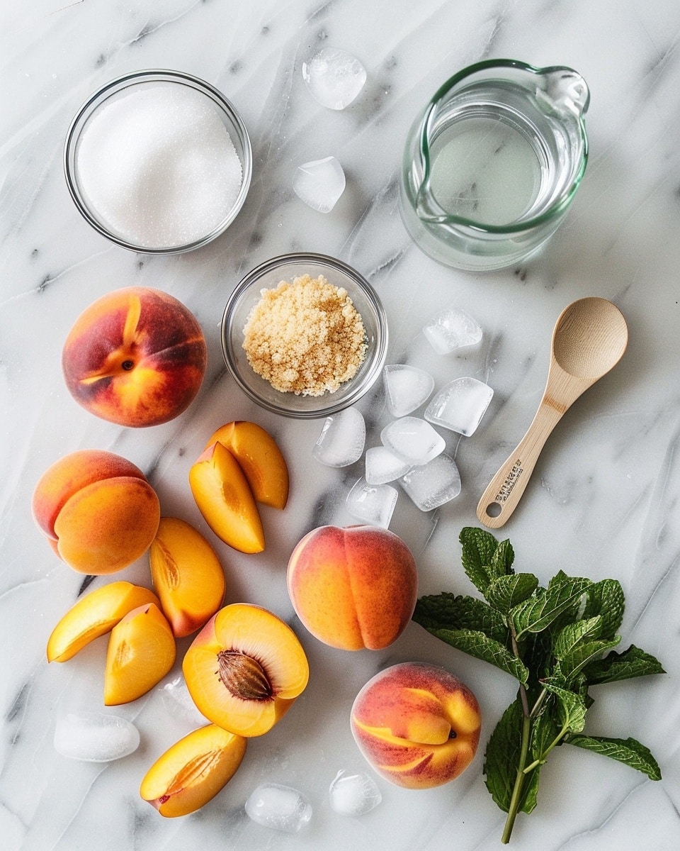 Single white mason jar filled with a refreshing serving of peach iced tea, showcasing translucent ice cubes and floating peach slices, garnished with a vibrant green mint sprig and a fresh lemon wedge on the rim, placed on a white marble surface with soft natural lighting, intimate close-up angle revealing the chilled, thirst-quenching texture and fruity details, styled like a food blog serving photo taken with an iphone --ar 4:5 --v 7