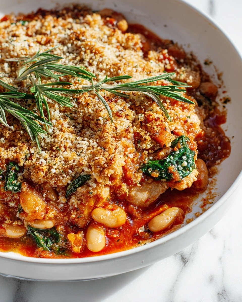 Large white enameled cast iron casserole filled with a rich, hearty baked chicken and white bean stew, topped generously with fresh spinach leaves and golden, toasted breadcrumbs, sprinkled with grated Parmesan cheese and fresh rosemary sprigs, the dish freshly baked with a thick, savory tomato-based sauce visible beneath the crunchy topping, photographed from a 3/4 angle on a white marble countertop with natural light, styled like a hero shot from a food magazine, whole dish in full frame photo taken with an iphone --ar 4:5 --v 7