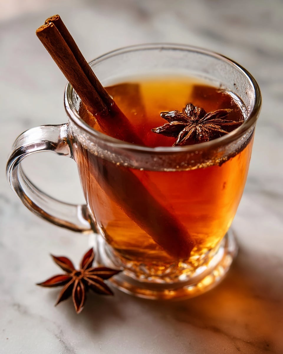 Two clear glass mugs filled with steaming hot spiced cider, each mug garnished with a large cinnamon stick and star anise, sitting on a rustic wooden surface surrounded by whole cinnamon sticks in a glass jar, star anise pods, and a small white bowl with honey and a honey dipper, all arranged on a white marble countertop under natural light, shot from a 3/4 angle like a professional food magazine hero shot, showcasing the full comforting setup --ar 4:5 --v 7