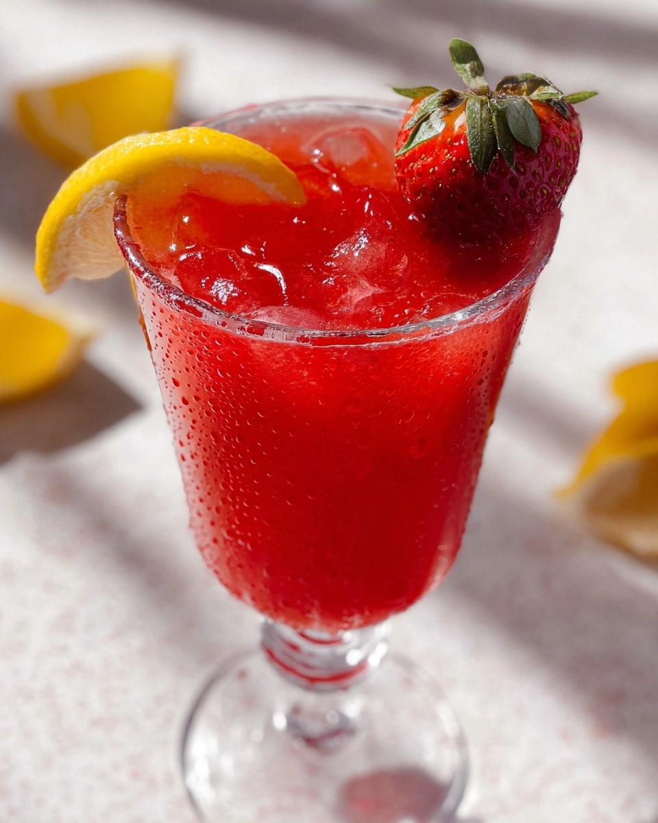 Tall white glass filled with vibrant red strawberry lemonade garnished with a fresh whole strawberry and lemon twist on the rim, surrounded by an arrangement of whole and sliced fresh strawberries and lemons on a white marble surface, shot in natural lighting with an elegant 3/4 angle capturing the entire glass and surrounding fruit, professional food magazine hero shot photo taken with an iphone --ar 4:5 --v 7