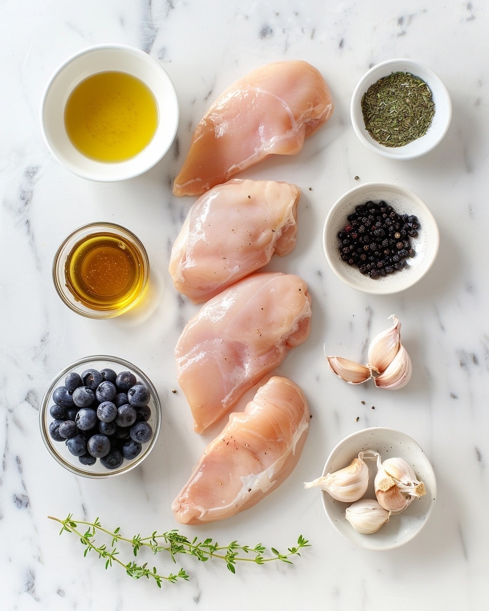 Single white plate with a perfectly cooked chicken thigh glazed in a glossy, dark peppercorn sauce, topped with plump, shiny blueberries and a small sprig of fresh thyme, close-up angled shot emphasizing the juicy interior texture and caramelized sear on the skin, rich sauce pooling elegantly around the base, set on a white marble surface with natural lighting, styled as a single plated serving photo taken with an iphone --ar 4:5 --v 7