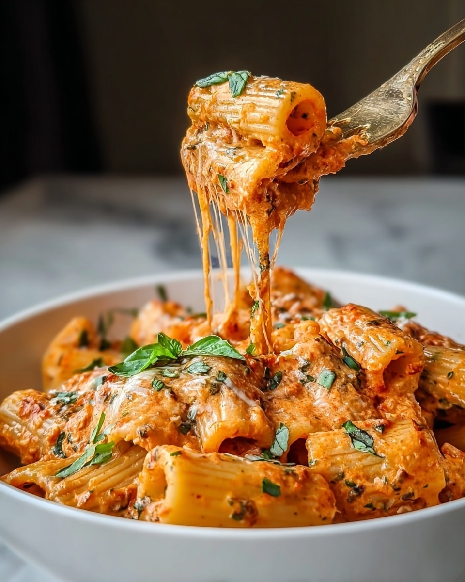 Large white bowl filled with creamy baked rigatoni pasta in a rich tomato and cheese sauce, generously mixed with fresh spinach and garnished with whole basil leaves, showcasing melted bubbly cheese on top, whole dish photographed at a 3/4 angle on a white marble countertop with natural lighting, professional food magazine hero shot photo taken with an iphone --ar 4:5 --v 7