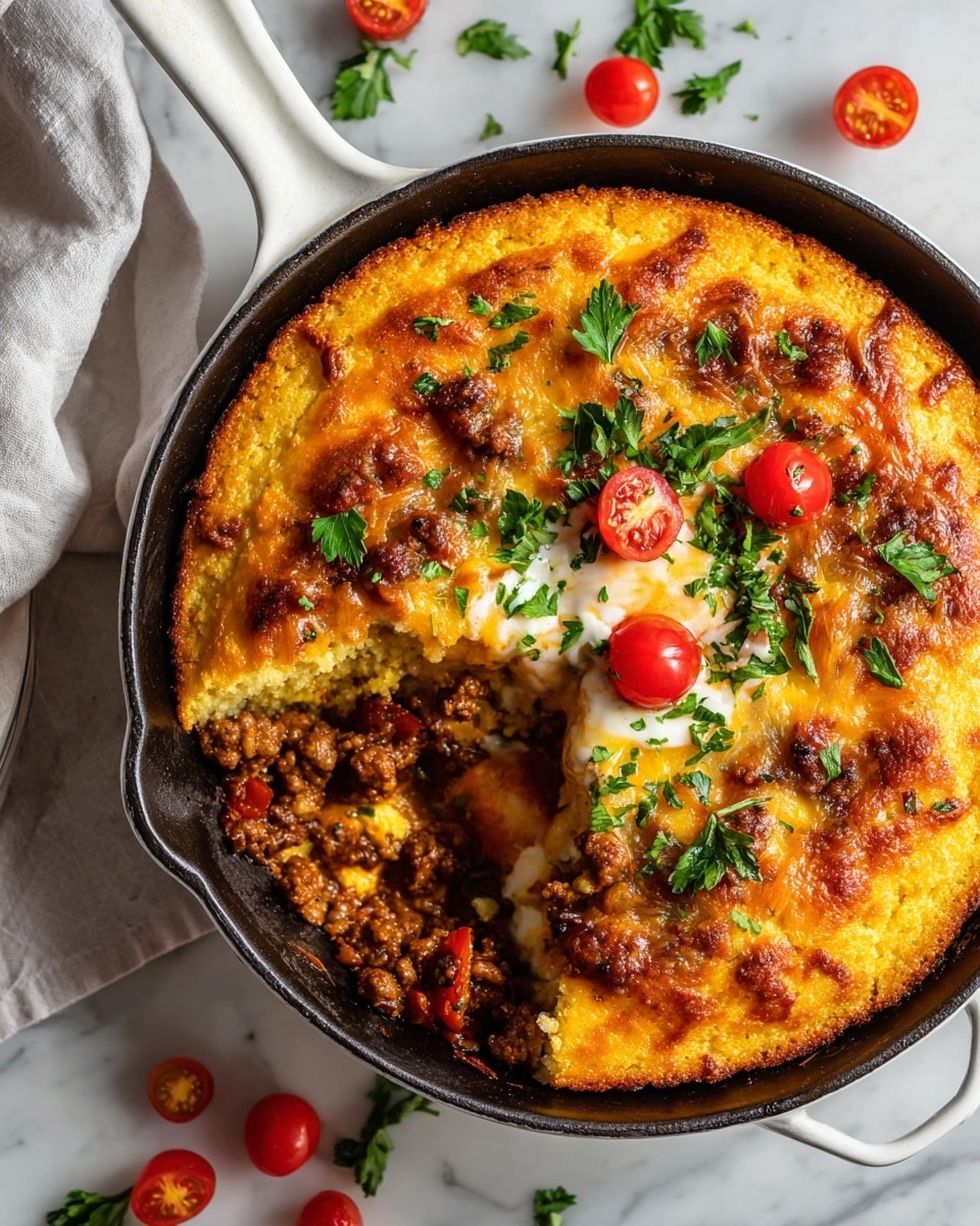 Large white cast iron skillet filled with a whole golden-brown cornbread layered over savory ground meat and vegetable chili mixture, topped with melted cheese in places, the entire dish garnished with fresh parsley leaves and scattered cherry tomatoes on a white marble countertop, natural daylight enhancing the warm tones, professional food magazine hero shot from a 3/4 angle photo taken with an iphone --ar 4:5 --v 7