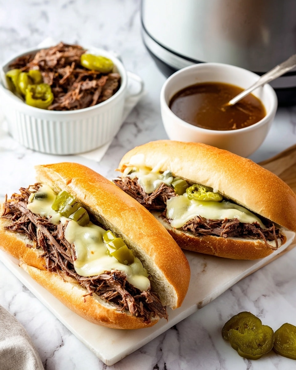 Two whole white sandwich rolls filled generously with tender shredded beef and melted white cheese, topped with glossy green pepperoncini peppers, arranged neatly on a white rectangular serving platter alongside a small white bowl of rich beef au jus sauce and a white bowl filled with extra shredded beef and pepperoncini, all set on a white marble countertop under natural light, styled as an inviting full meal spread, professional food magazine hero shot photo taken with an iphone --ar 4:5 --v 7