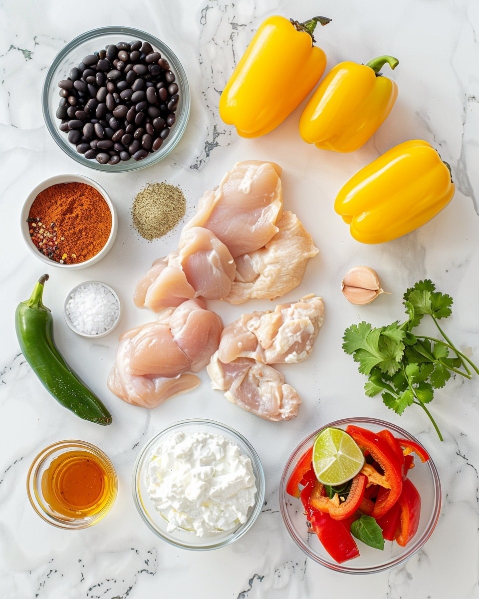 Single white bowl showing one serving of vibrant chicken fajita bowl with juicy, seasoned chicken pieces on a bed of fluffy cilantro-lime rice and black beans, topped with fresh avocado chunks, dollops of creamy sour cream, sautéed bell peppers and onions adding color and texture, garnished with bright cilantro leaves, close-up angled shot revealing the textures and layers of each element, natural lighting highlighting the warm tones, placed on white marble surface, intimate plated serving photo taken with an iphone --ar 4:5 --v 7