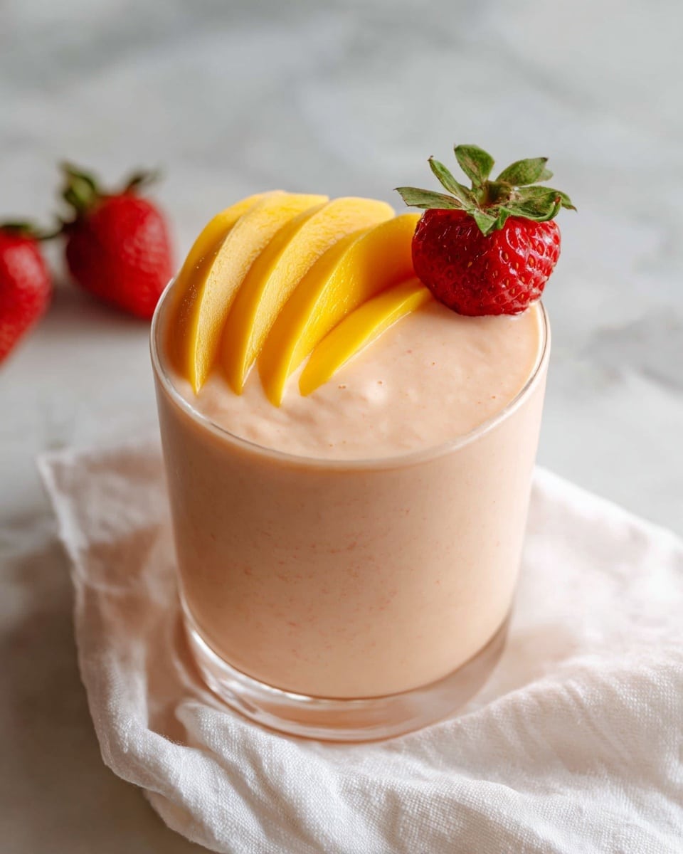 Large white ceramic pitcher filled to the brim with creamy, smooth strawberry mango smoothie, garnished with a cluster of fresh whole strawberries and sliced mango pieces around the base, pitcher photographed from a 3/4 angle on a white marble countertop under natural light, styled hero food magazine shot, whole presentation visible and impressive, photo taken with an iphone --ar 4:5 --v 7