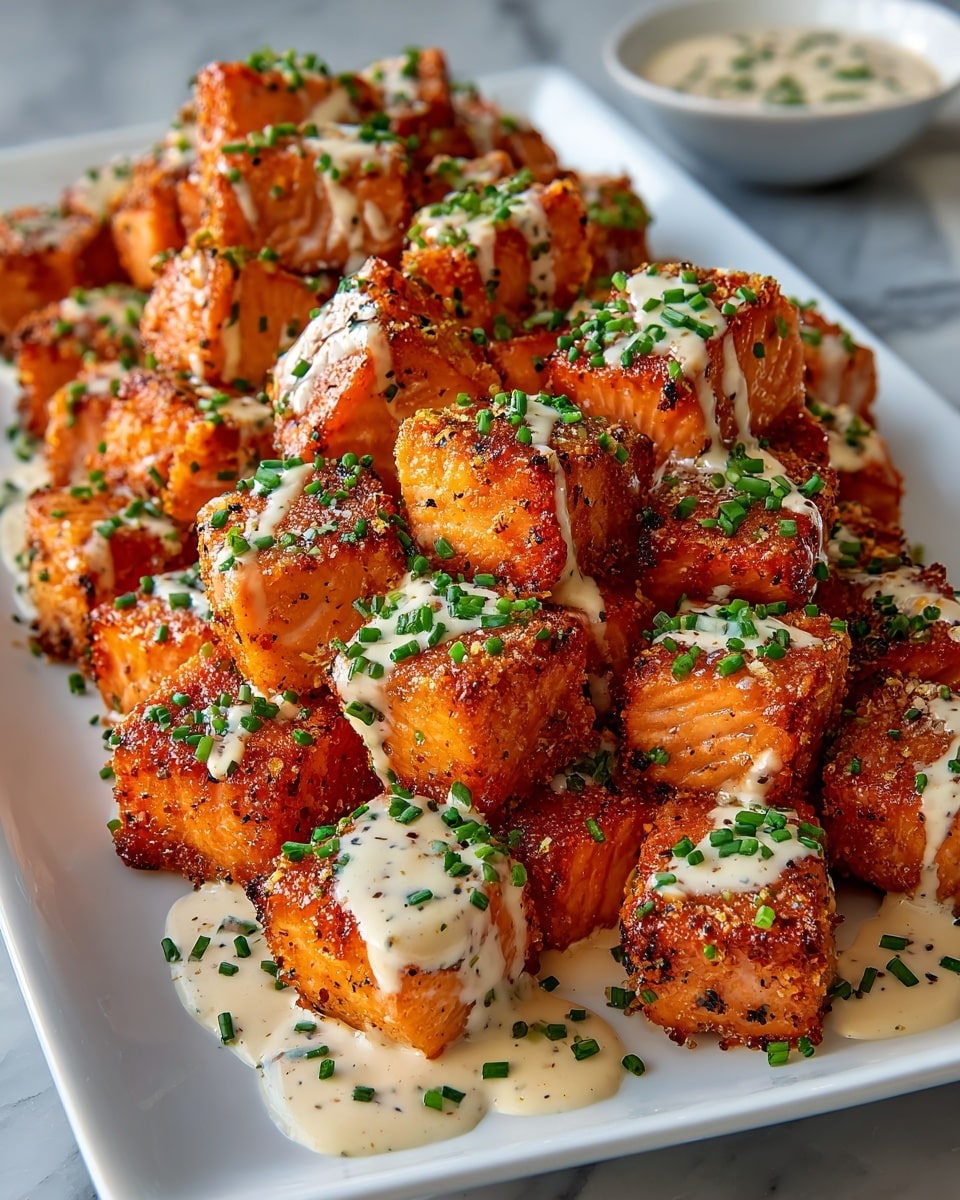 Large white rectangular platter heaped with perfectly seasoned, crispy salmon cubes featuring a golden crust, each topped with a drizzle of creamy sauce and sprinkled with finely chopped fresh chives, arranged in an abundant, inviting pile, photographed from a 3/4 angle on a white marble countertop with natural lighting for a professional, mouth-watering food magazine hero shot, whole dish in full frame photo taken with an iphone --ar 4:5 --v 7