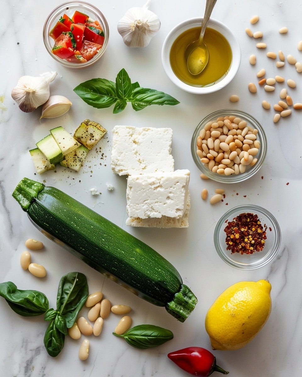 Single white bowl showcasing one serving of vibrant roasted red pepper hummus topped with thinly shaved zucchini ribbons, crumbled feta cheese, toasted pine nuts, and finely chopped fresh basil leaves, close-up angled shot highlighting the creamy texture of the hummus contrasted with the crisp freshness of the zucchini and the slight crunch of pine nuts, all placed on a white marble surface with natural lighting, styled as an inviting plated serving from a food blog, photo taken with an iphone --ar 4:5 --v 7