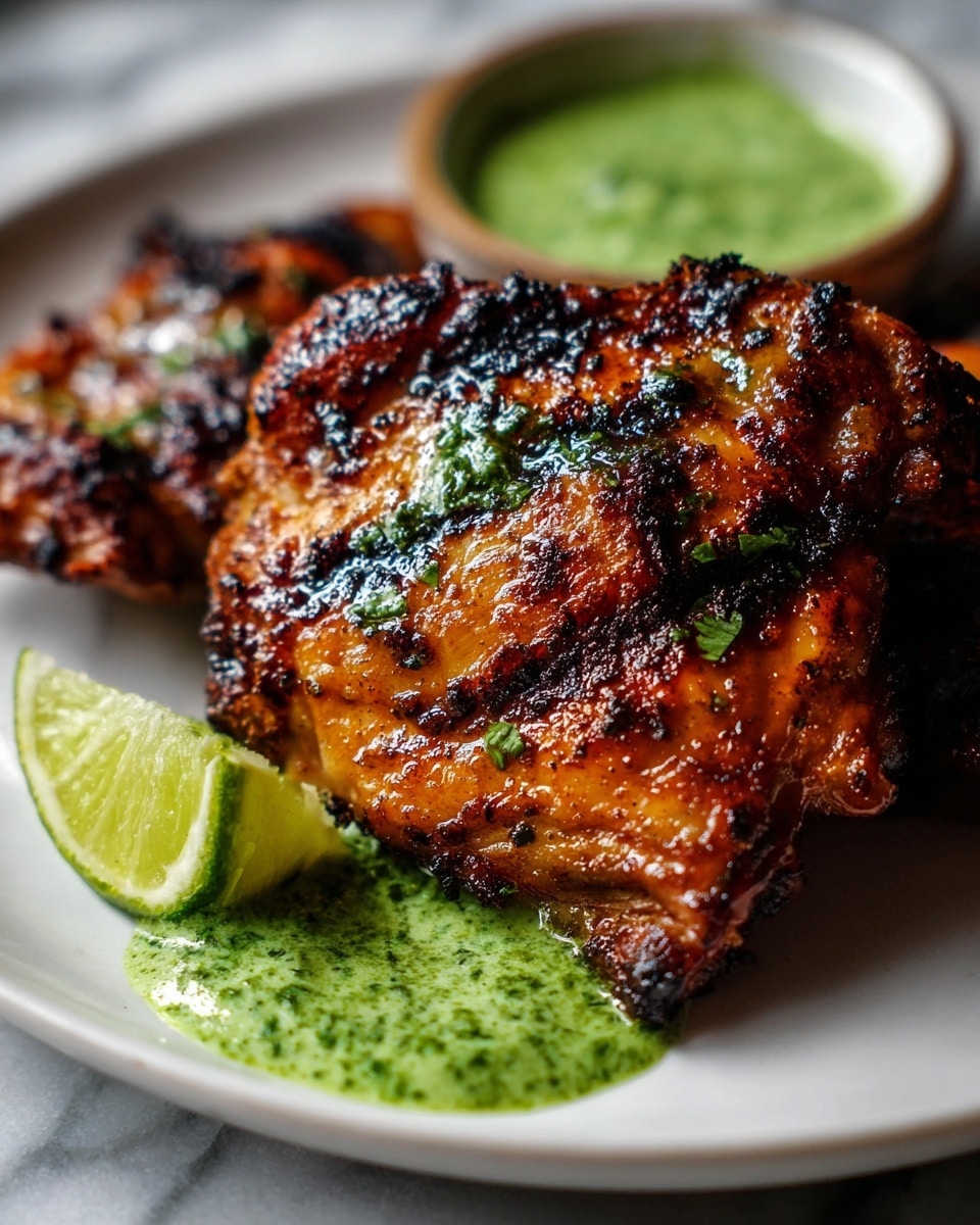 Large white round platter fully arranged with grilled chicken thighs glazed to a golden brown, topped with dollops of creamy green cilantro sauce, garnished with fresh lime wedges, sliced jalapeños, and sprigs of cilantro, accompanied by a small white bowl of vibrant green dipping sauce on the side, photographed from a 3/4 angle on a white marble countertop, natural lighting, professional food magazine hero shot photo taken with an iphone --ar 4:5 --v 7