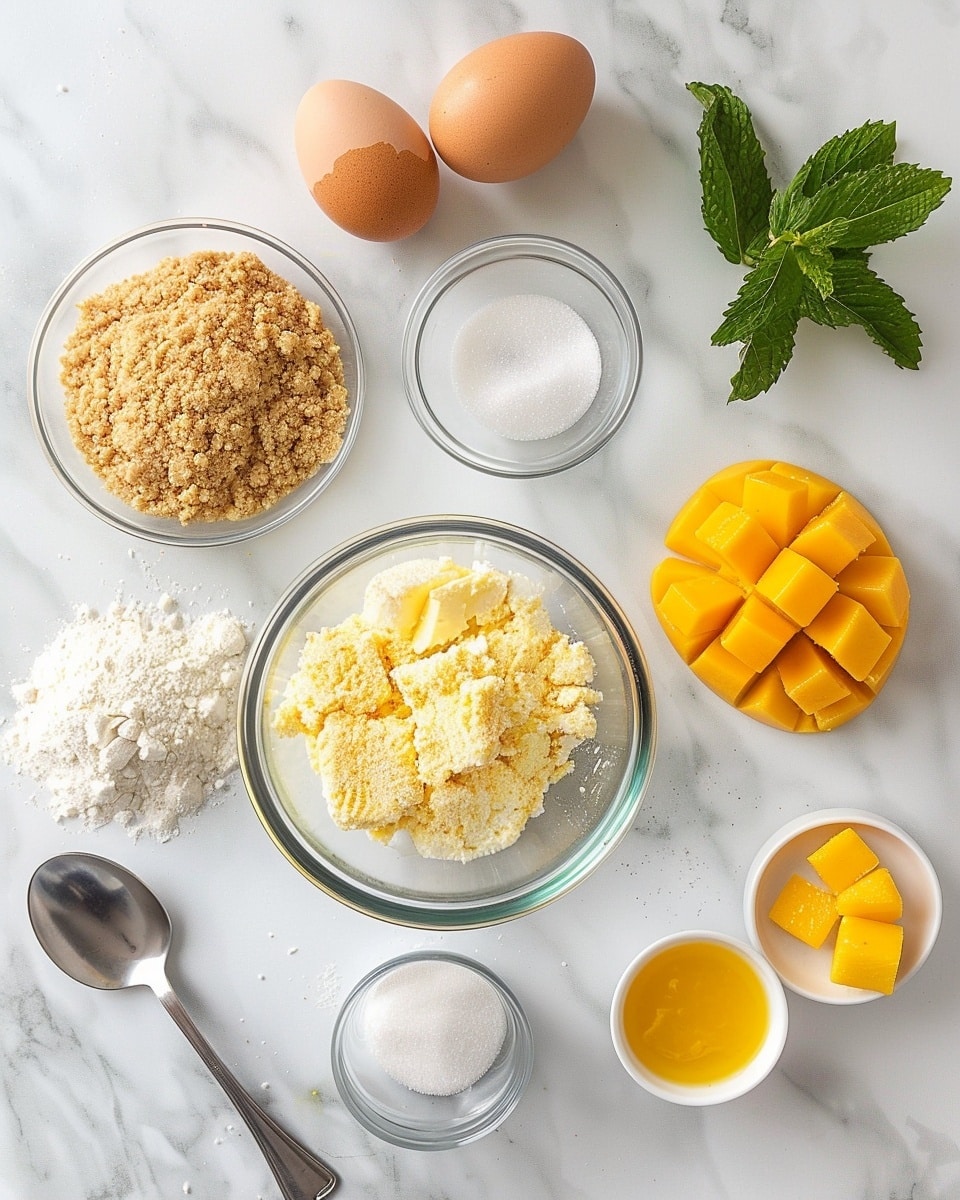 Single white square plate with one slice of creamy cheesecake featuring a thick graham cracker crust and dense, smooth interior texture, topped with glossy mango chunks and a sprig of fresh mint, angled close-up showing the layers and moist crumb, natural lighting highlighting the vibrant yellow topping, plated on white marble background, intimate food blog style photo taken with an iphone --ar 4:5 --v 7