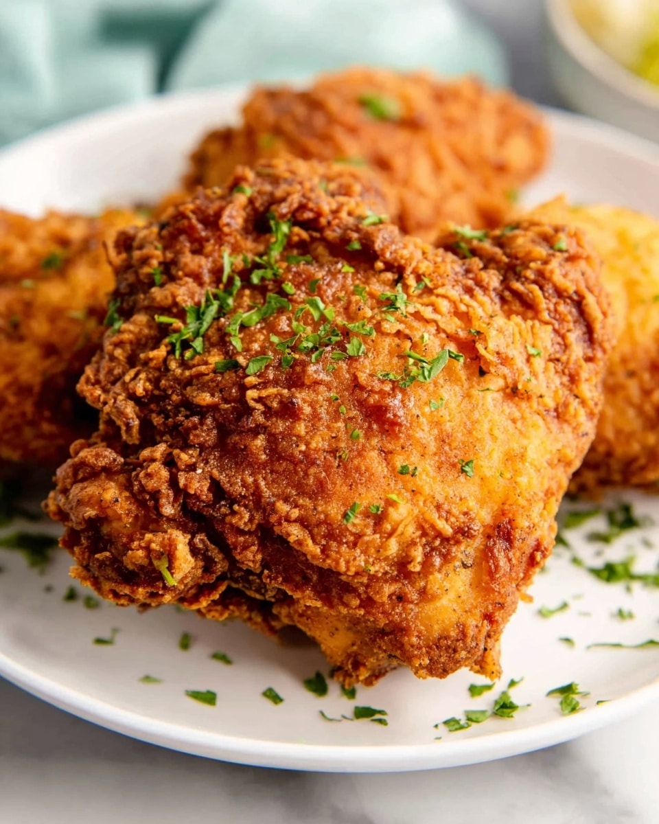 Large white serving platter filled with a full assortment of golden, crispy fried chicken pieces, including drumsticks and thighs, all coated in crunchy, perfectly seasoned breading, garnished lightly with fresh chopped parsley, presented as a complete meal centerpiece. The platter is showcased on a white marble surface with natural lighting that highlights the crispy texture and warm tones of the fried chicken, shot from a professional 3/4 angle like a hero food magazine photo. Photo taken with an iphone --ar 4:5 --v 7